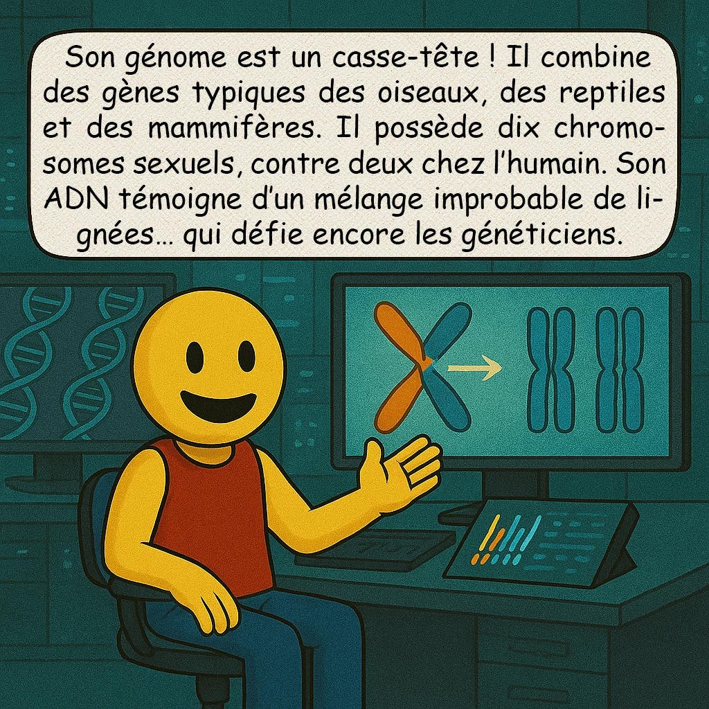 L’ornithorynque, case 7 : – UN GÉNOME PAS COMME LES AUTRES
Son génome est un casse-tête ! Il combine des gènes typiques des oiseaux, des reptiles et des mammifères. Il possède dix chromosomes sexuels, contre deux chez l’humain. Son ADN témoigne d’un mélange improbable de lignées… qui défie encore les généticiens.