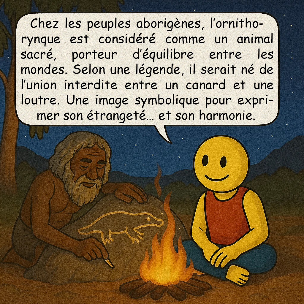 L’ornithorynque, case 8 : – MYSTÈRES ET LÉGENDES
Chez les peuples aborigènes, l’ornithorynque est considéré comme un animal sacré, porteur d’équilibre entre les mondes. Selon une légende, il serait né de l’union interdite entre un canard et une loutre. Une image symbolique pour exprimer son étrangeté… et son harmonie.