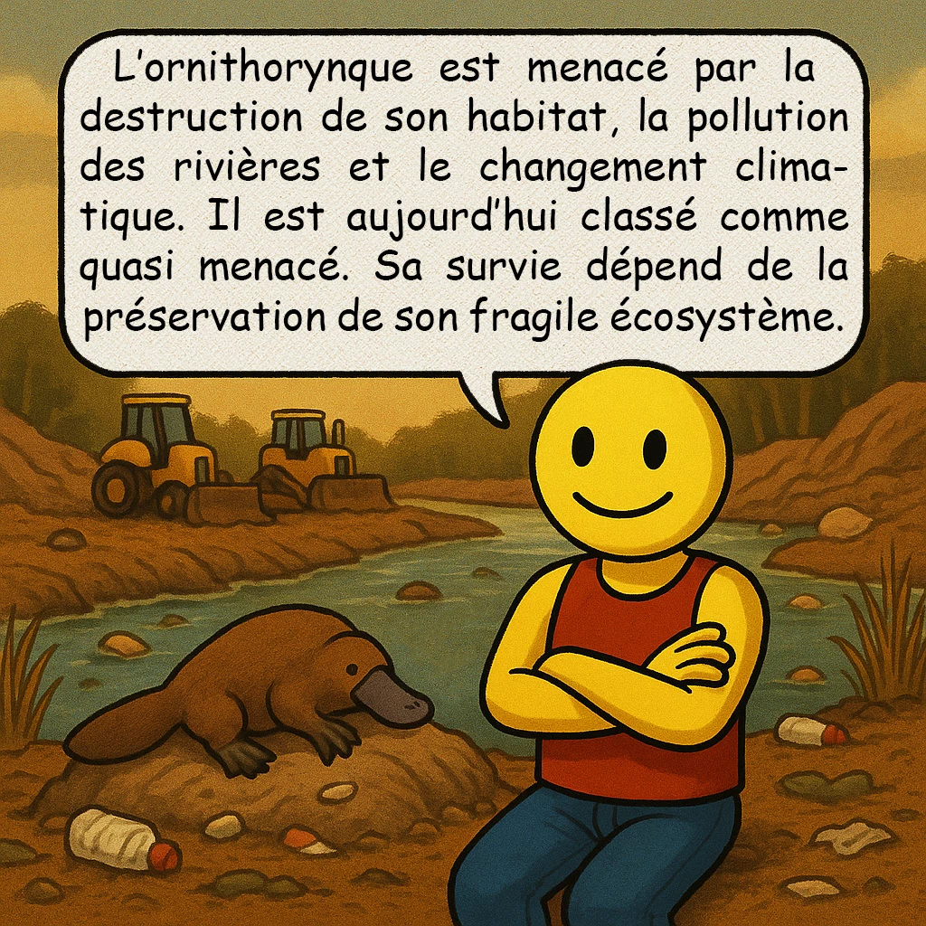L’ornithorynque, case 9 : – ESPÈCE MENACÉE
L’ornithorynque est menacé par la destruction de son habitat, la pollution des rivières et le changement climatique. Il est aujourd’hui classé comme quasi menacé. Sa survie dépend de la préservation de son fragile écosystème.