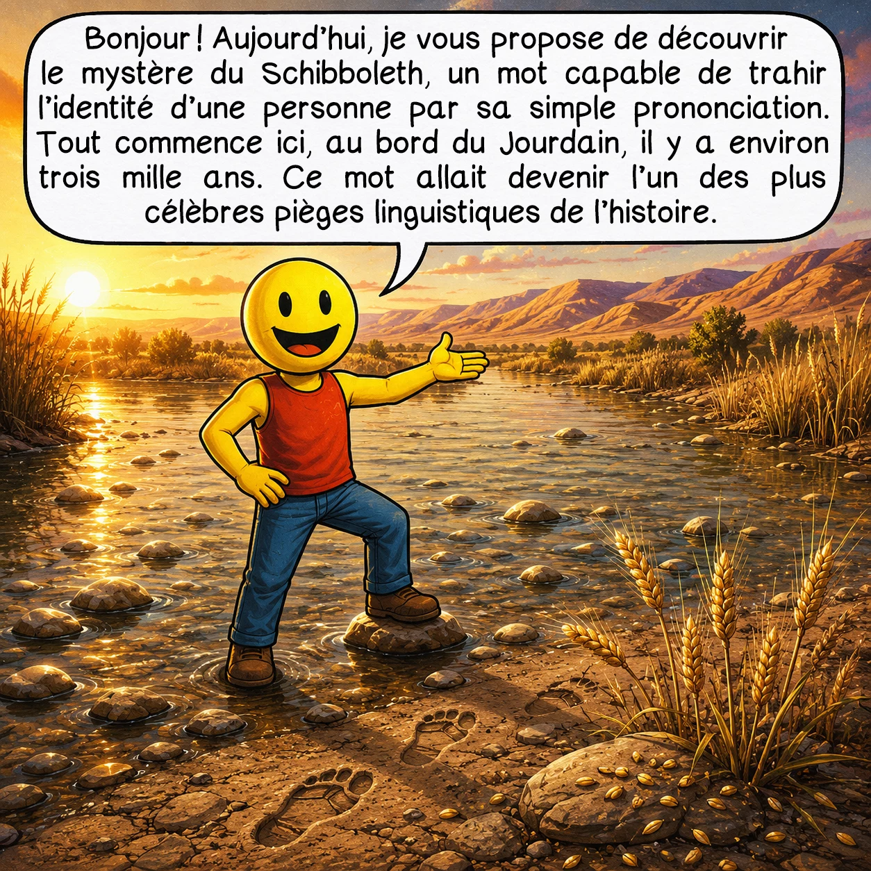 Schibboleth, case 1 : Bonjour ! Aujourd’hui, je vous propose de découvrir le mystère du Schibboleth, un mot capable de trahir l’identité d’une personne par sa simple prononciation. Tout commence ici, au bord du Jourdain, il y a environ trois mille ans. Ce mot allait devenir l’un des plus célèbres pièges linguistiques de l’histoire.