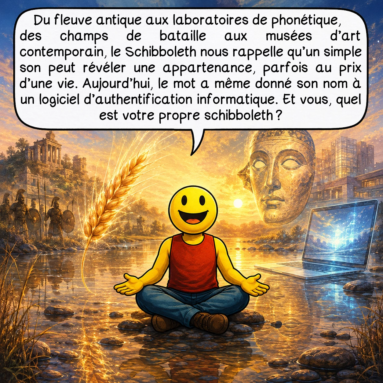 Schibboleth, case 10 : Du fleuve antique aux laboratoires de phonétique, des champs de bataille aux musées d’art contemporain, le Schibboleth nous rappelle qu’un simple son peut révéler une appartenance, parfois au prix d’une vie. Aujourd’hui, le mot a même donné son nom à un logiciel d’authentification informatique. Et vous, quel est votre propre schibboleth ?