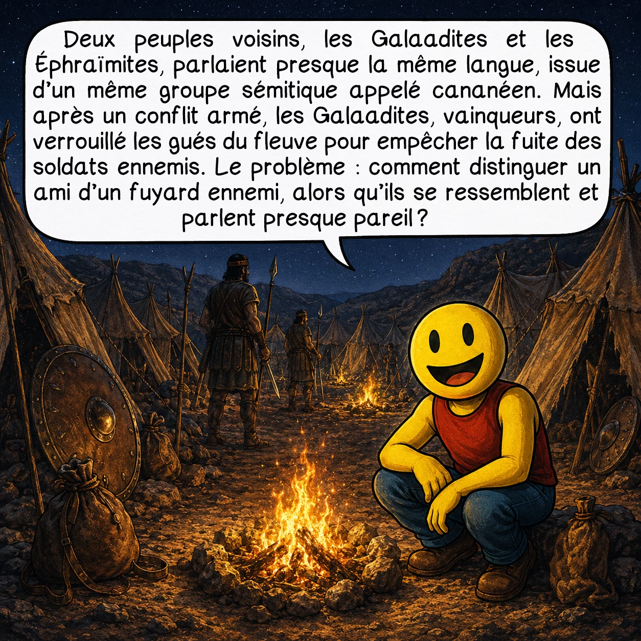 Schibboleth, case 2 : Deux peuples voisins, les Galaadites et les Éphraïmites, parlaient presque la même langue, issue d’un même groupe sémitique appelé cananéen. Mais après un conflit armé, les Galaadites, vainqueurs, ont verrouillé les gués du fleuve pour empêcher la fuite des soldats ennemis. Le problème : comment distinguer un ami d’un fuyard ennemi, alors qu’ils se ressemblent et parlent presque pareil ?