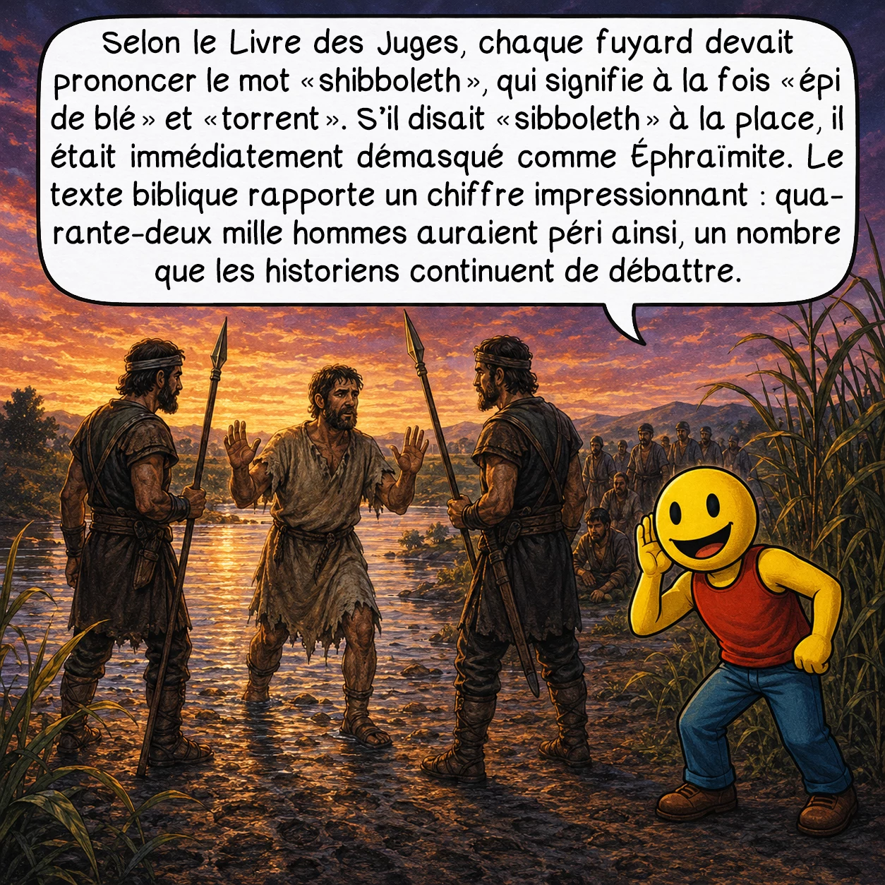 Schibboleth, case 4 : Selon le Livre des Juges, chaque fuyard devait prononcer le mot « shibboleth », qui signifie à la fois « épi de blé » et « torrent ». S’il disait « sibboleth » à la place, il était immédiatement démasqué comme Éphraïmite. Le texte biblique rapporte un chiffre impressionnant : quarante-deux mille hommes auraient péri ainsi, un nombre que les historiens continuent de débattre.