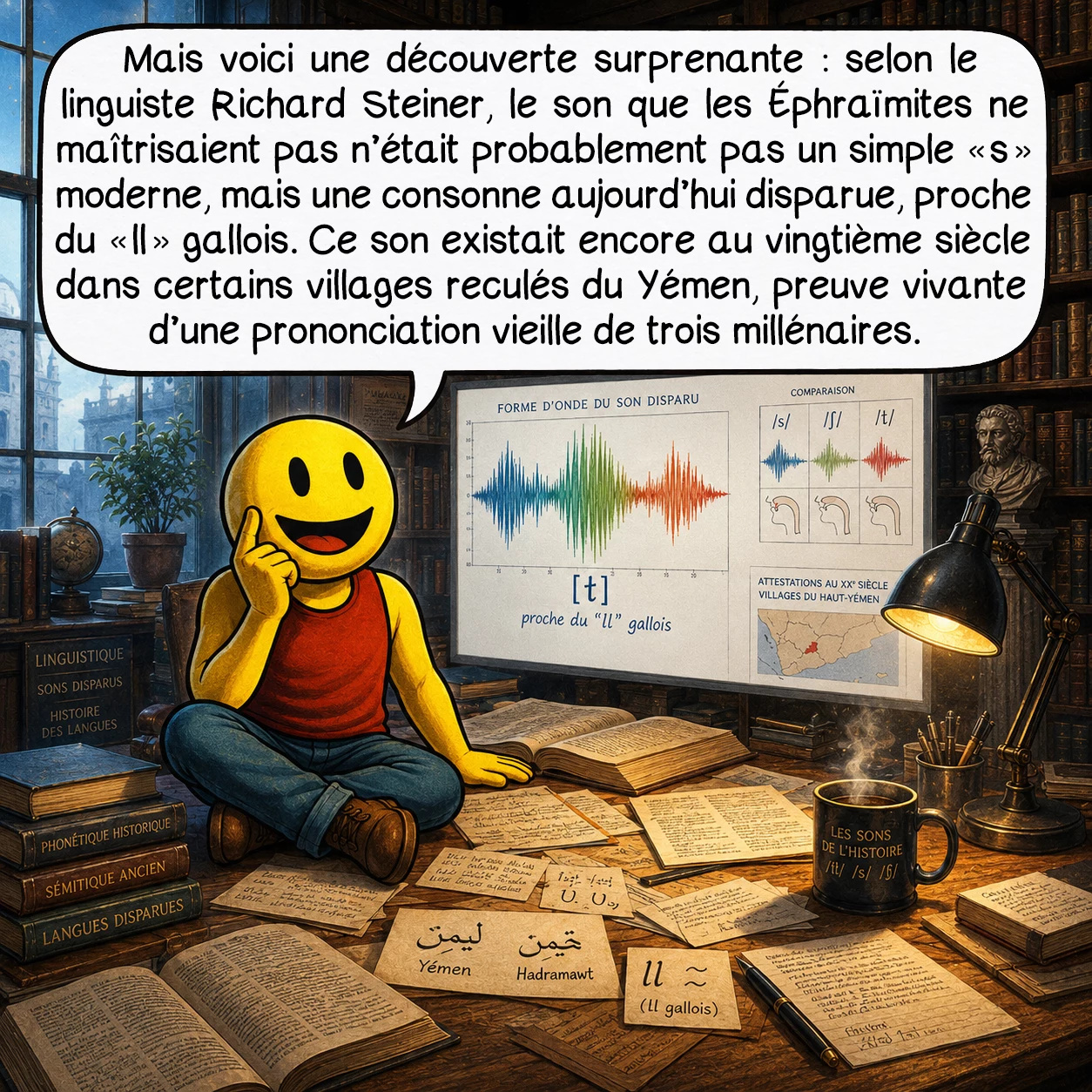Schibboleth, case 5 : Mais voici une découverte surprenante : selon le linguiste Richard Steiner, le son que les Éphraïmites ne maîtrisaient pas n’était probablement pas un simple « s » moderne, mais une consonne aujourd’hui disparue, proche du « ll » gallois. Ce son existait encore au vingtième siècle dans certains villages reculés du Yémen, preuve vivante d’une prononciation vieille de trois millénaires.