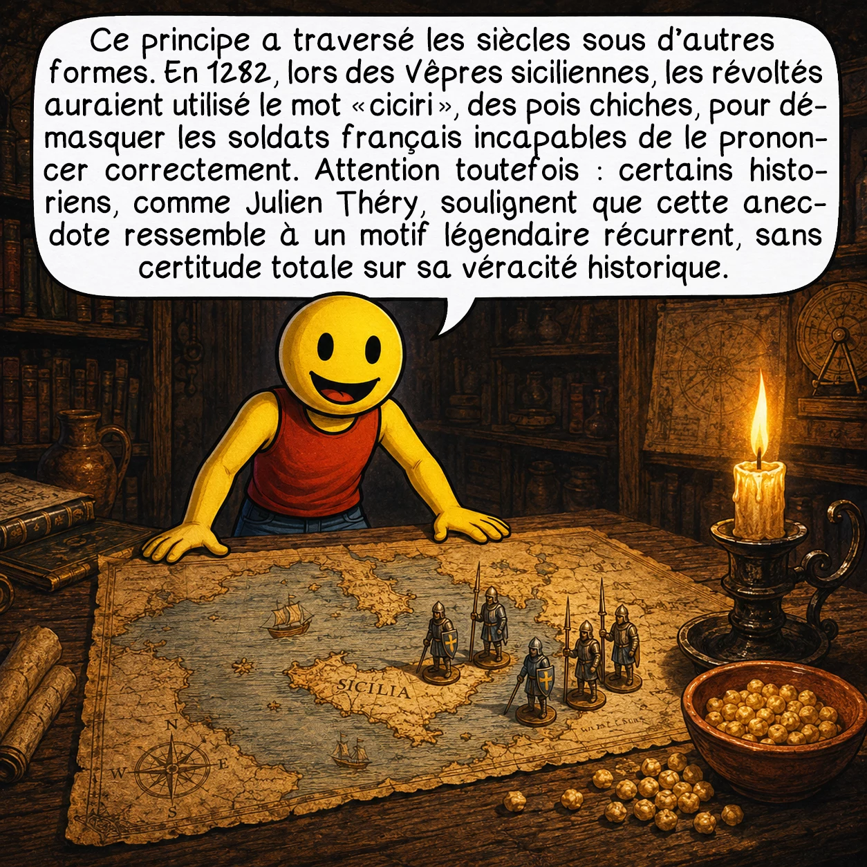 Schibboleth, case 6 : Ce principe a traversé les siècles sous d’autres formes. En 1282, lors des Vêpres siciliennes, les révoltés auraient utilisé le mot « ciciri », des pois chiches, pour démasquer les soldats français incapables de le prononcer correctement. Attention toutefois : certains historiens, comme Julien Théry, soulignent que cette anecdote ressemble à un motif légendaire récurrent, sans certitude totale sur sa véracité historique.