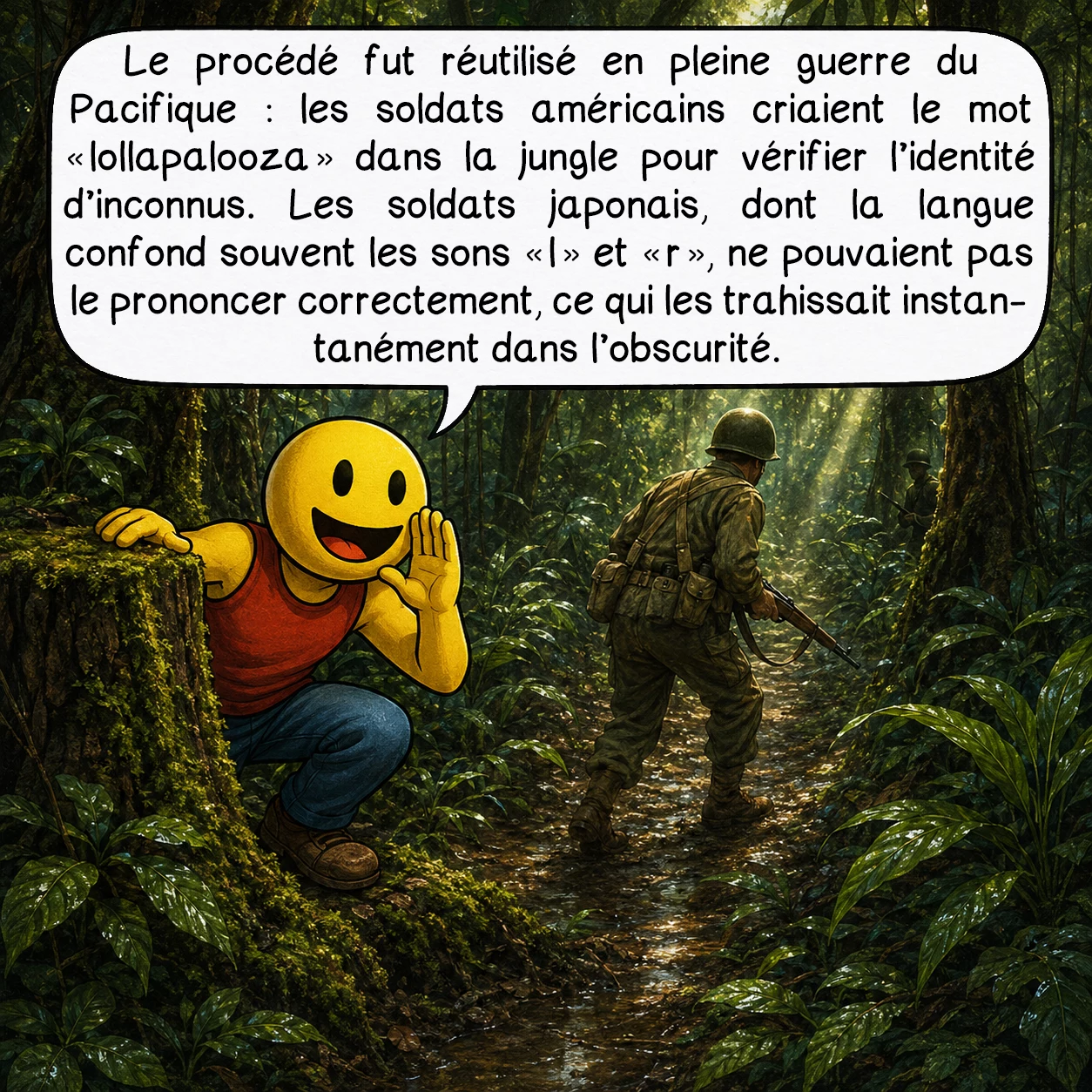 Schibboleth, case 7 : Le procédé fut réutilisé en pleine guerre du Pacifique : les soldats américains criaient le mot « lollapalooza » dans la jungle pour vérifier l’identité d’inconnus. Les soldats japonais, dont la langue confond souvent les sons « l » et « r », ne pouvaient pas le prononcer correctement, ce qui les trahissait instantanément dans l’obscurité.