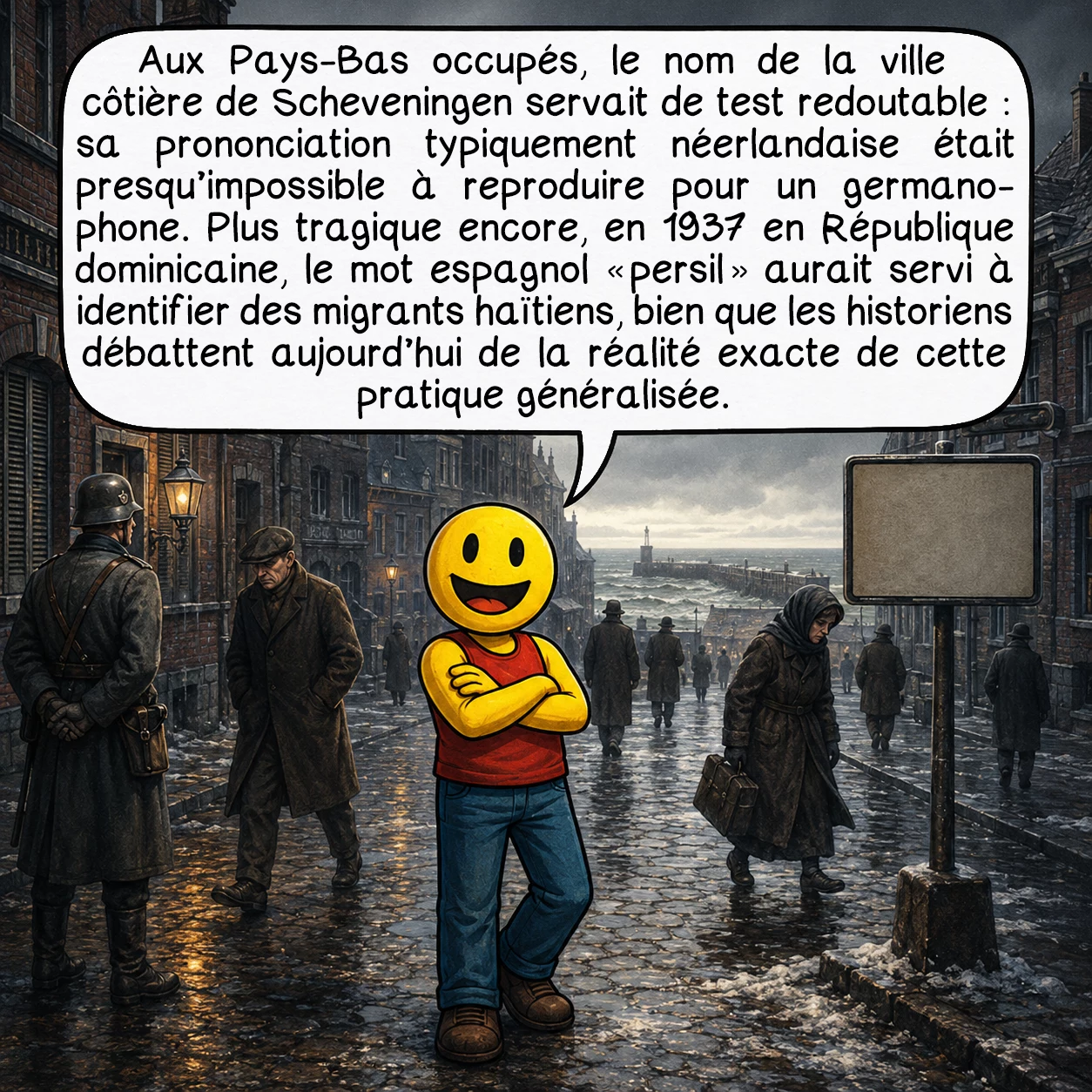 Schibboleth, case 8 : Aux Pays-Bas occupés, le nom de la ville côtière de Scheveningen servait de test redoutable : sa prononciation typiquement néerlandaise était presque impossible à reproduire pour un germanophone. Plus tragique encore, en 1937 en République dominicaine, le mot espagnol « persil » aurait servi à identifier des migrants haïtiens, bien que les historiens débattent aujourd’hui de la réalité exacte de cette pratique généralisée.
