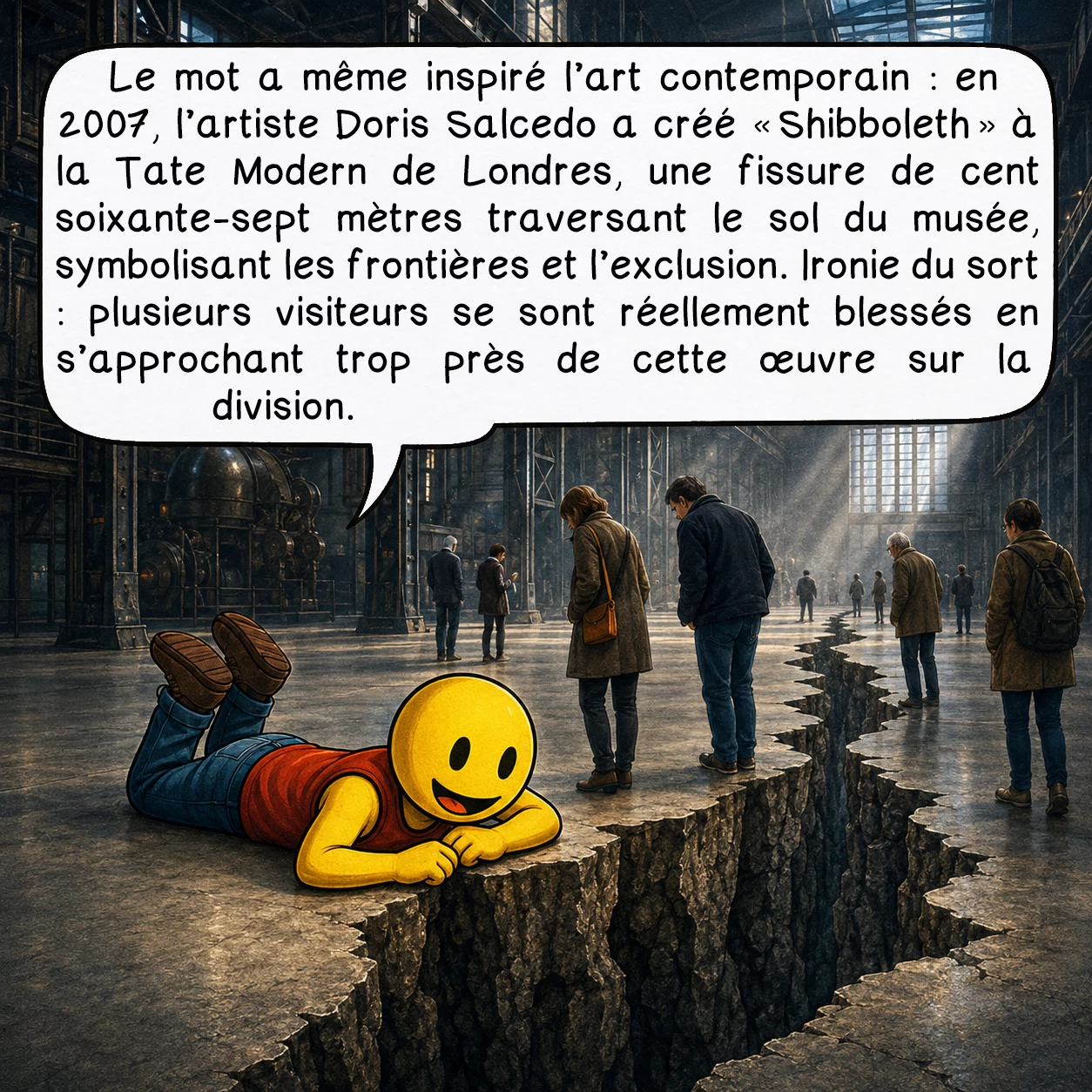 Schibboleth, case 9 : Le mot a même inspiré l’art contemporain : en 2007, l’artiste Doris Salcedo a créé « Shibboleth » à la Tate Modern de Londres, une fissure de cent soixante-sept mètres traversant le sol du musée, symbolisant les frontières et l’exclusion. Ironie du sort : plusieurs visiteurs se sont réellement blessés en s’approchant trop près de cette œuvre sur la division.