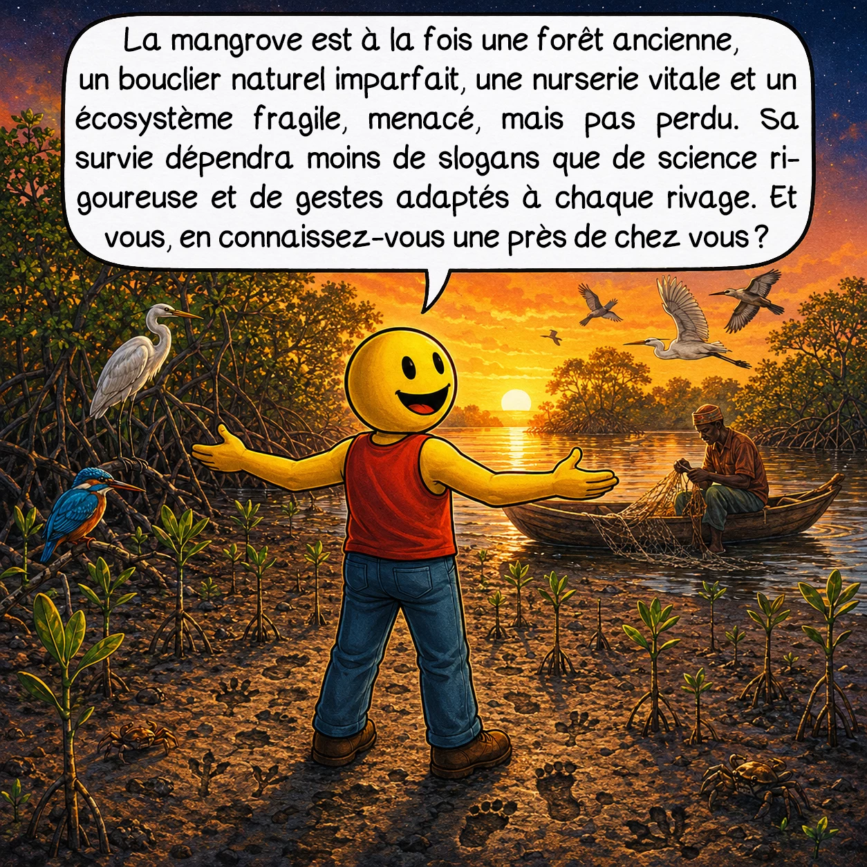 Les mangroves, case 10 : Voilà : la mangrove est à la fois une forêt ancienne, un bouclier naturel imparfait, une nurserie vitale et un écosystème fragile, menacé, mais pas perdu. Sa survie dépendra moins de slogans que de science rigoureuse et de gestes adaptés à chaque rivage. Et vous, en connaissez-vous une près de chez vous ?