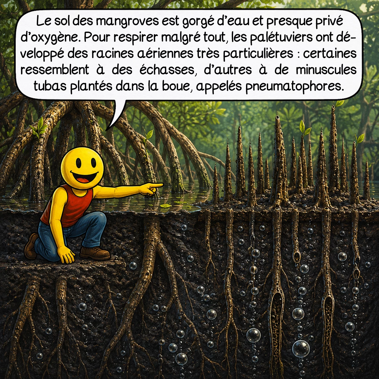 Les mangroves, case 2 : Le sol des mangroves est gorgé d’eau et presque privé d’oxygène. Pour respirer malgré tout, les palétuviers ont développé des racines aériennes très particulières : certaines ressemblent à des échasses, d’autres à de minuscules tubas plantés dans la boue, appelés pneumatophores.