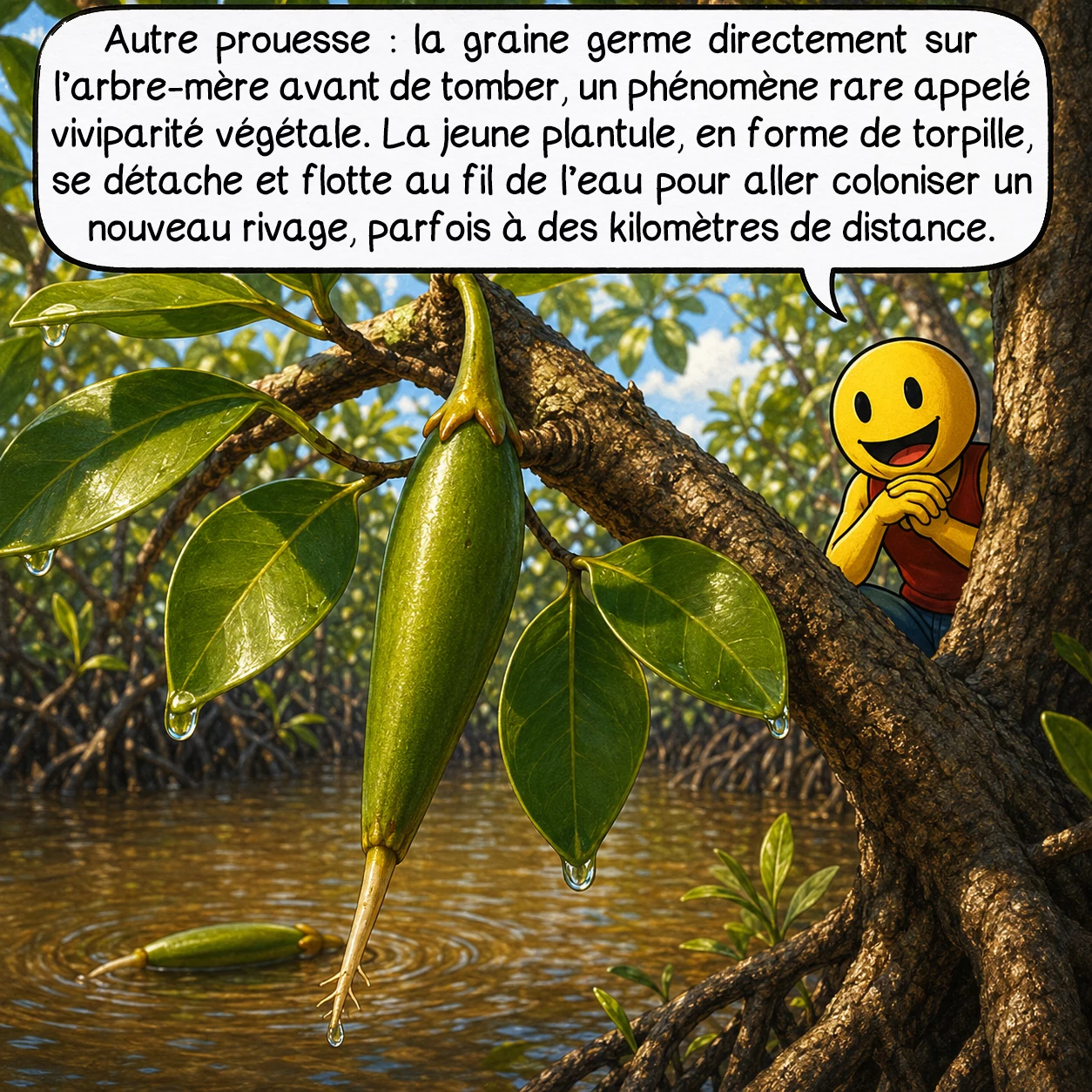 Les mangroves, case 3 : Autre prouesse : la graine germe directement sur l’arbre-mère avant de tomber, un phénomène rare appelé viviparité végétale. La jeune plantule, en forme de torpille, se détache et flotte au fil de l’eau pour aller coloniser un nouveau rivage, parfois à des kilomètres de distance.