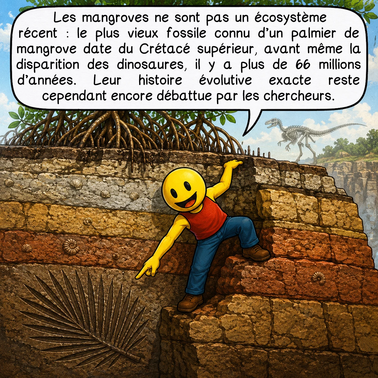 Les mangroves, case 4 : Les mangroves ne sont pas un écosystème récent : le plus vieux fossile connu d’un palmier de mangrove date du Crétacé supérieur, avant même la disparition des dinosaures, il y a plus de 66 millions d’années. Leur histoire évolutive exacte reste cependant encore débattue par les chercheurs.