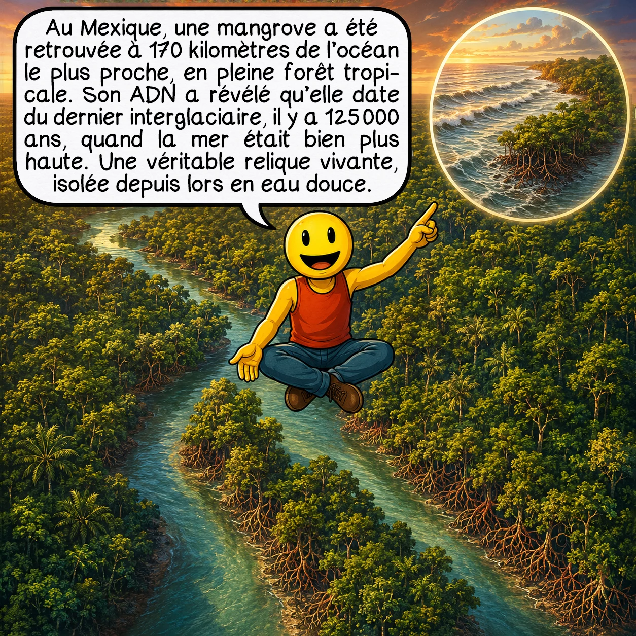 Les mangroves, case 5 : Au Mexique, une mangrove a été retrouvée à 170 kilomètres de l’océan le plus proche, en pleine forêt tropicale. Son ADN a révélé qu’elle date du dernier interglaciaire, il y a 125 000 ans, quand la mer était bien plus haute. Une véritable relique vivante, isolée depuis lors en eau douce.