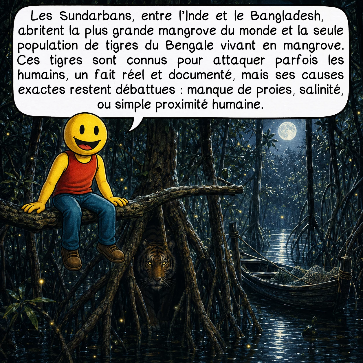 Les mangroves, case 6 : Les Sundarbans, entre l’Inde et le Bangladesh, abritent la plus grande mangrove du monde et la seule population de tigres du Bengale vivant en mangrove. Ces tigres sont connus pour attaquer parfois les humains, un fait réel et documenté, mais ses causes exactes restent débattues : manque de proies, salinité, ou simple proximité humaine.