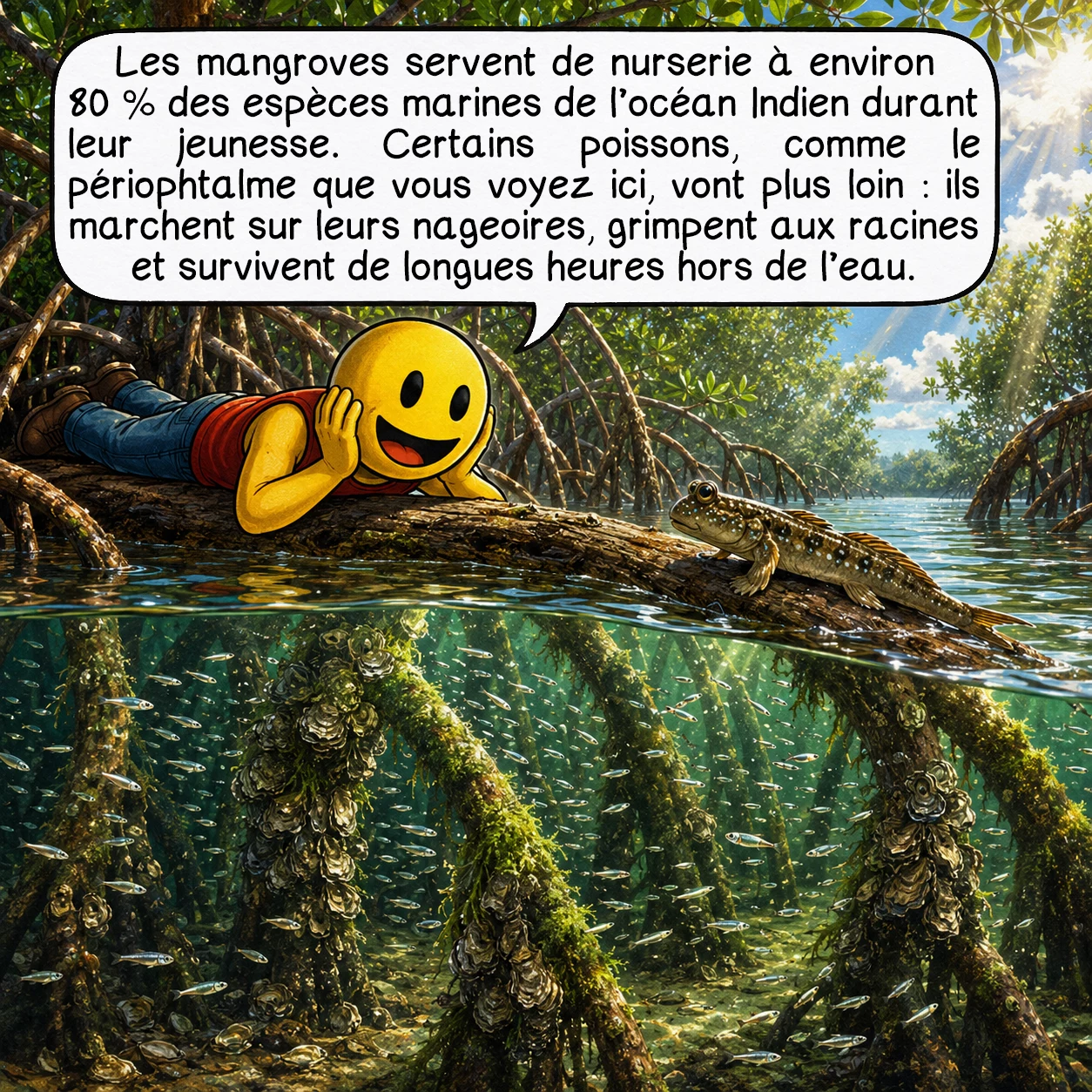 Les mangroves, case 7 : Les mangroves servent de nurserie à environ 80 % des espèces marines de l’océan Indien durant leur jeunesse. Certains poissons, comme le périophtalme que vous voyez ici, vont plus loin : ils marchent sur leurs nageoires, grimpent aux racines et survivent de longues heures hors de l’eau.
