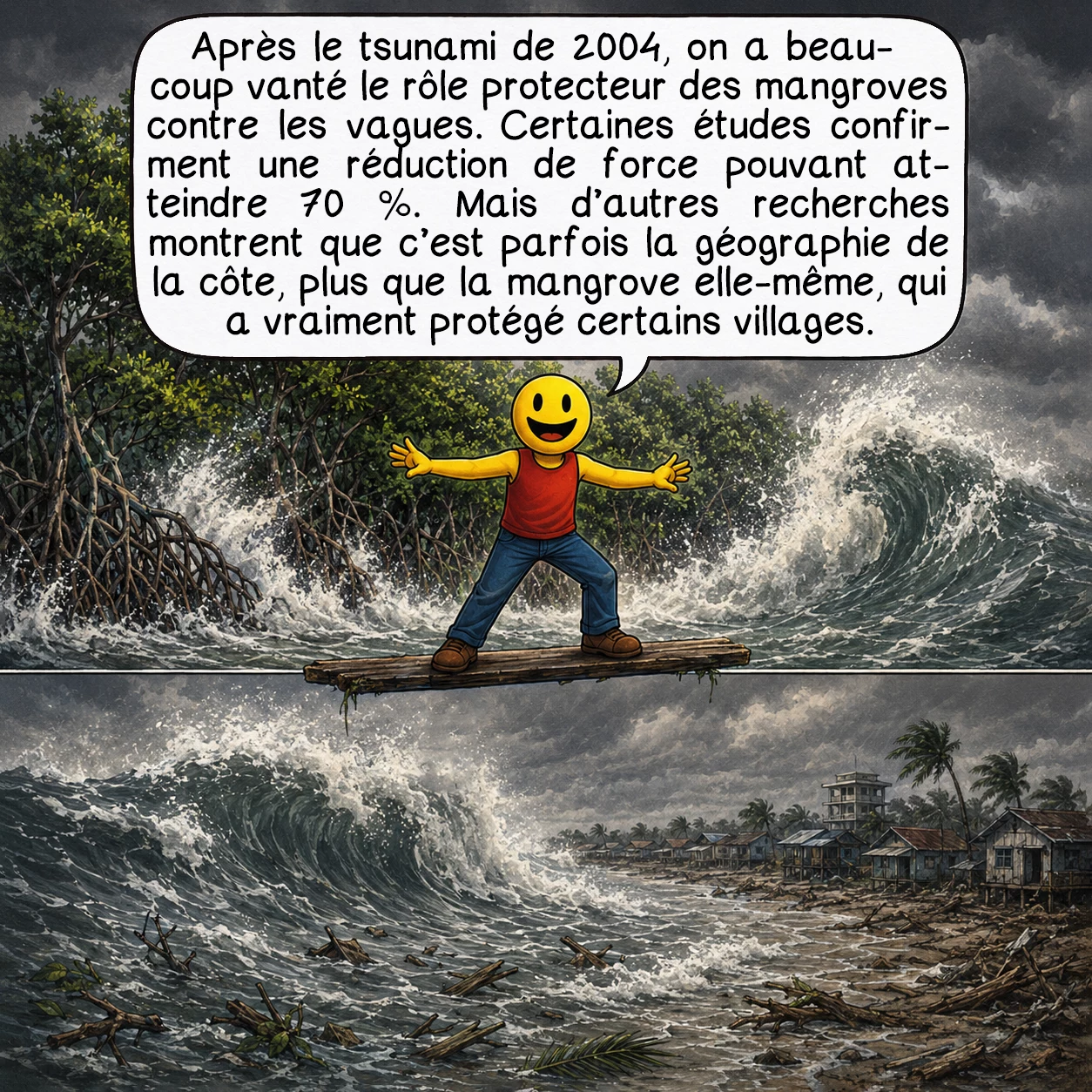 Les mangroves, case 8 : Après le tsunami de 2004, on a beaucoup vanté le rôle protecteur des mangroves contre les vagues. Certaines études confirment une réduction de force pouvant atteindre 70 %. Mais d’autres recherches montrent que c’est parfois la géographie de la côte, plus que la mangrove elle-même, qui a vraiment protégé certains villages.
