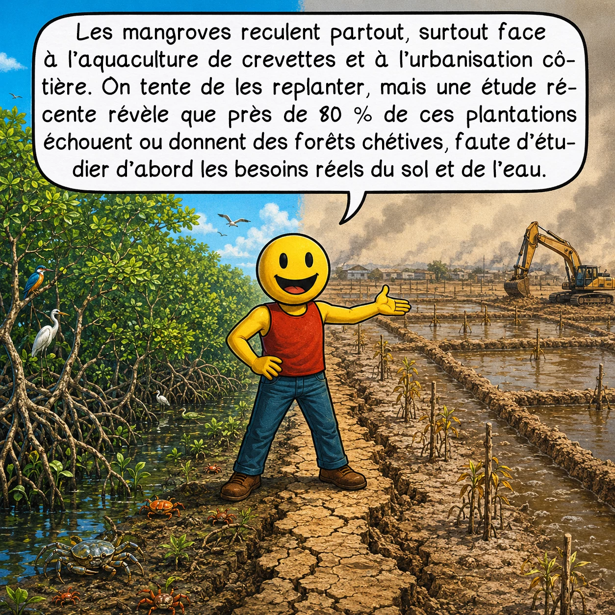 Les mangroves, case 9 : Les mangroves reculent partout, surtout face à l’aquaculture de crevettes et à l’urbanisation côtière. On tente de les replanter, mais une étude récente révèle que près de 80 % de ces plantations échouent ou donnent des forêts chétives, faute d’étudier d’abord les besoins réels du sol et de l’eau.