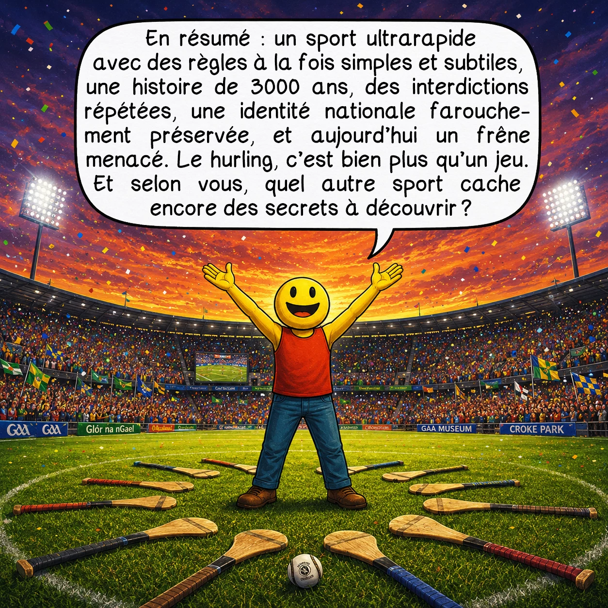 Le hurling, case 10 : En résumé : un sport ultrarapide avec des règles à la fois simples et subtiles, une histoire de 3000 ans, des interdictions répétées, une identité nationale farouchement préservée, et aujourd’hui un frêne menacé. Le hurling, c’est bien plus qu’un jeu. Et vous — quel autre sport cache encore, selon vous, des secrets à découvrir ?