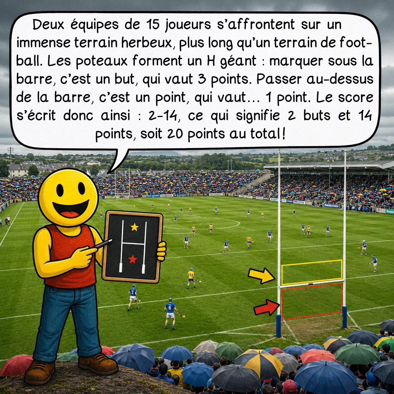 Le hurling, case 2 : Deux équipes de 15 joueurs s’affrontent sur un immense terrain herbeux — plus long qu’un terrain de football. Les poteaux forment un H géant : marquer sous la barre, c’est un but, qui vaut 3 points. Passer au-dessus de la barre, c’est un point, qui vaut… 1 point. Le score s’écrit donc ainsi : 2-14, ce qui signifie 2 buts et 14 points, soit 20 points au total !