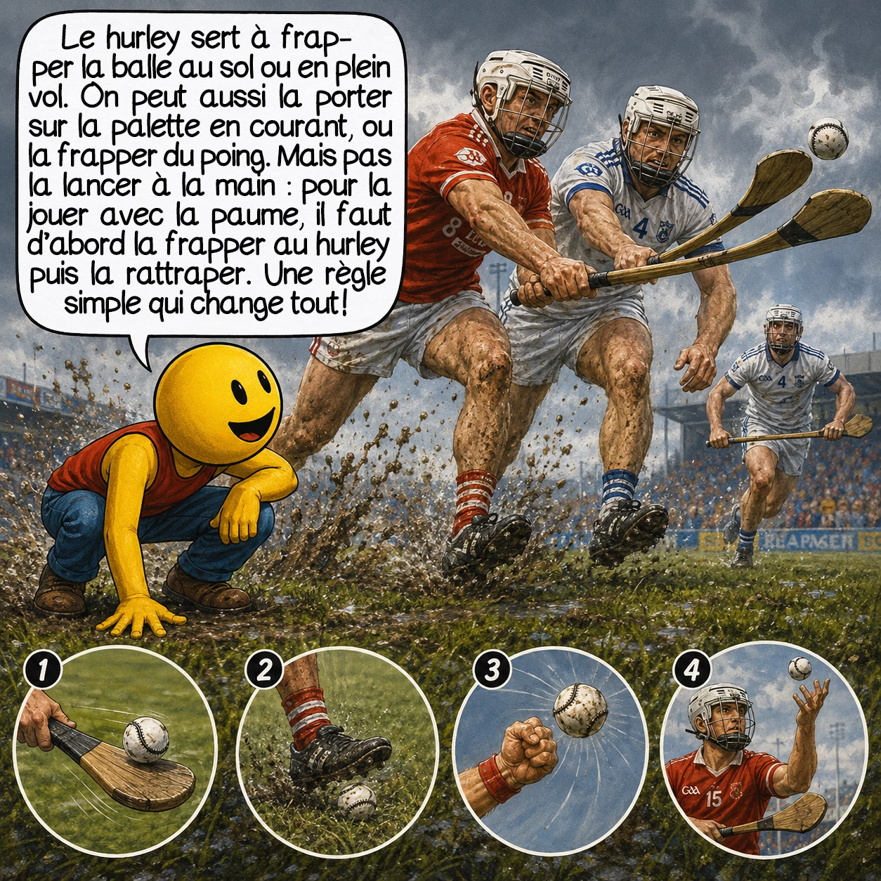 Le hurling, case 3 : Le hurley sert à frapper la balle au sol ou en plein vol. Mais on peut aussi la porter en équilibre sur la palette en courant, ou la frapper du poing. En revanche, on ne peut pas la lancer à la main comme au handball : pour s’en débarrasser avec la paume, il faut d’abord la frapper avec le hurley et la rattraper. Une règle simple, mais qui change tout !