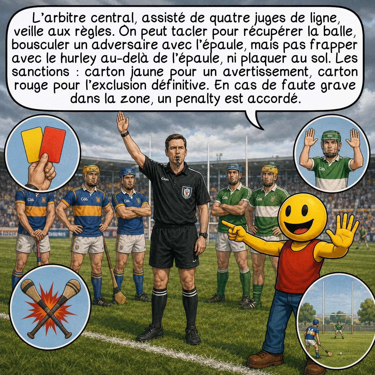 Le hurling, case 4 : L’arbitre central, assisté de quatre juges de ligne, veille aux règles. On peut tacler pour récupérer la balle, bousculer un adversaire avec l’épaule, mais pas frapper avec le hurley au-delà de l’épaule, ni plaquer au sol. Les sanctions : carton jaune pour un avertissement, carton rouge pour l’exclusion définitive. En cas de faute grave dans la zone, un penalty est accordé.