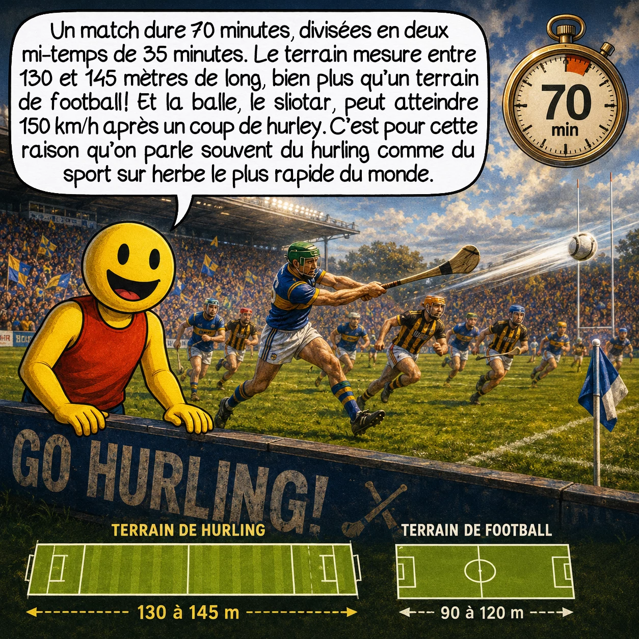 Le hurling, case 5 : Un match dure 70 minutes, divisées en deux mi-temps de 35 minutes. Le terrain mesure entre 130 et 145 mètres de long — bien plus qu’un terrain de football ! Et la balle, le sliotar, peut atteindre 150 km/h après un coup de hurley. C’est pour cette raison qu’on parle souvent du hurling comme du sport sur herbe le plus rapide du monde.