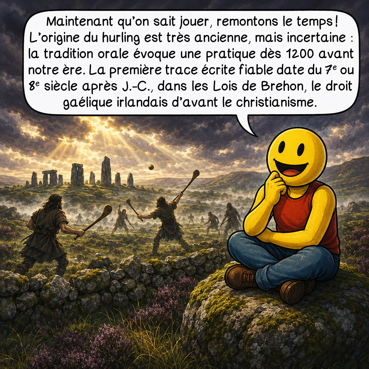Le hurling, case 6 : Maintenant qu’on sait jouer, remontons le temps ! L’origine du hurling est très ancienne, mais incertaine : la tradition orale évoque une pratique dès 1200 avant notre ère. La première trace écrite fiable date du 7e ou 8e siècle après J.-C., dans les Lois de Brehon, le droit gaélique irlandais d’avant le christianisme.