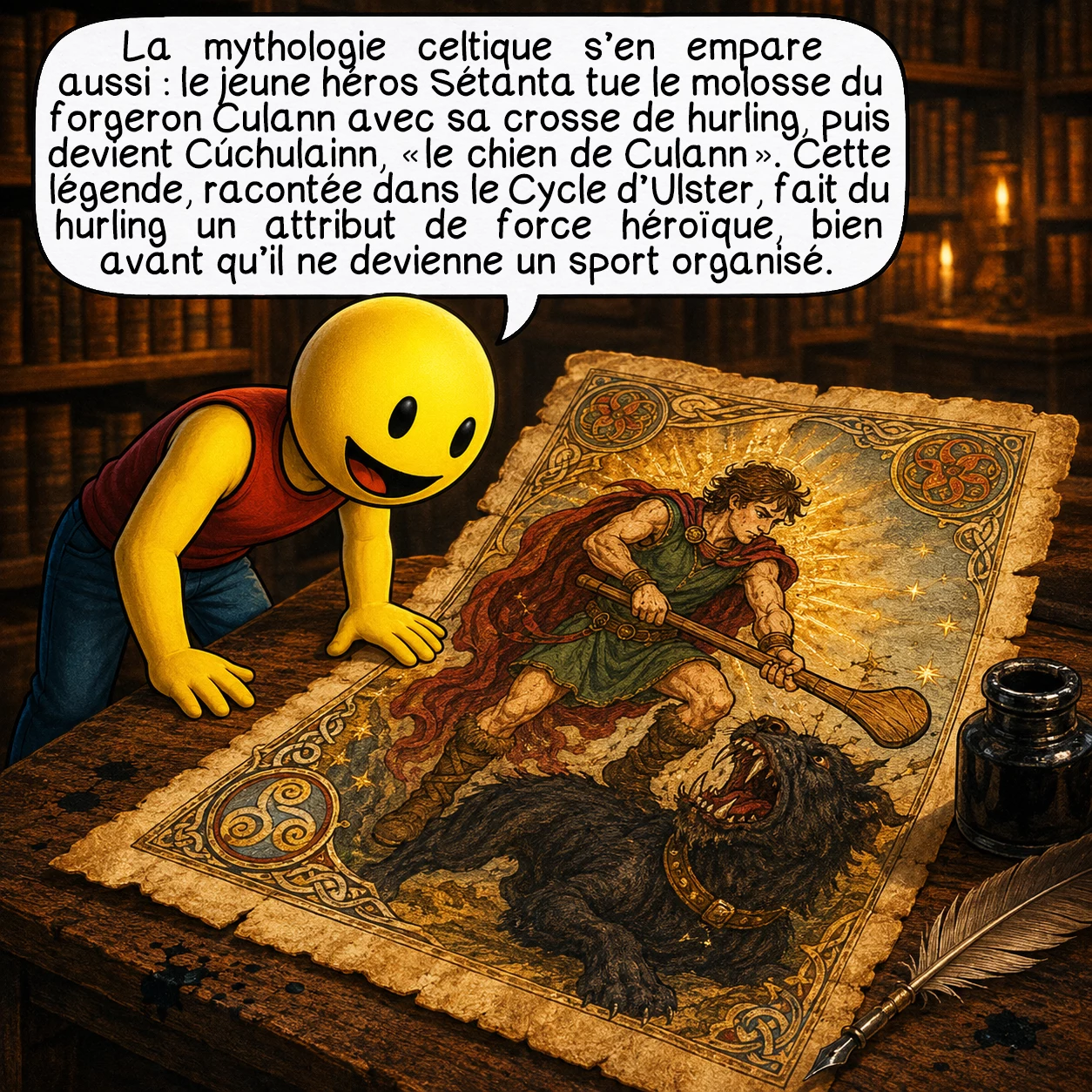 Le hurling, case 7 : La mythologie celtique s’en empare aussi : le jeune héros Sétanta tue le molosse du forgeron Culann avec sa crosse de hurling, puis devient Cúchulainn, « le chien de Culann ». Cette légende, racontée dans le Cycle d’Ulster, fait du hurling un attribut de force héroïque, bien avant qu’il ne devienne un sport organisé.