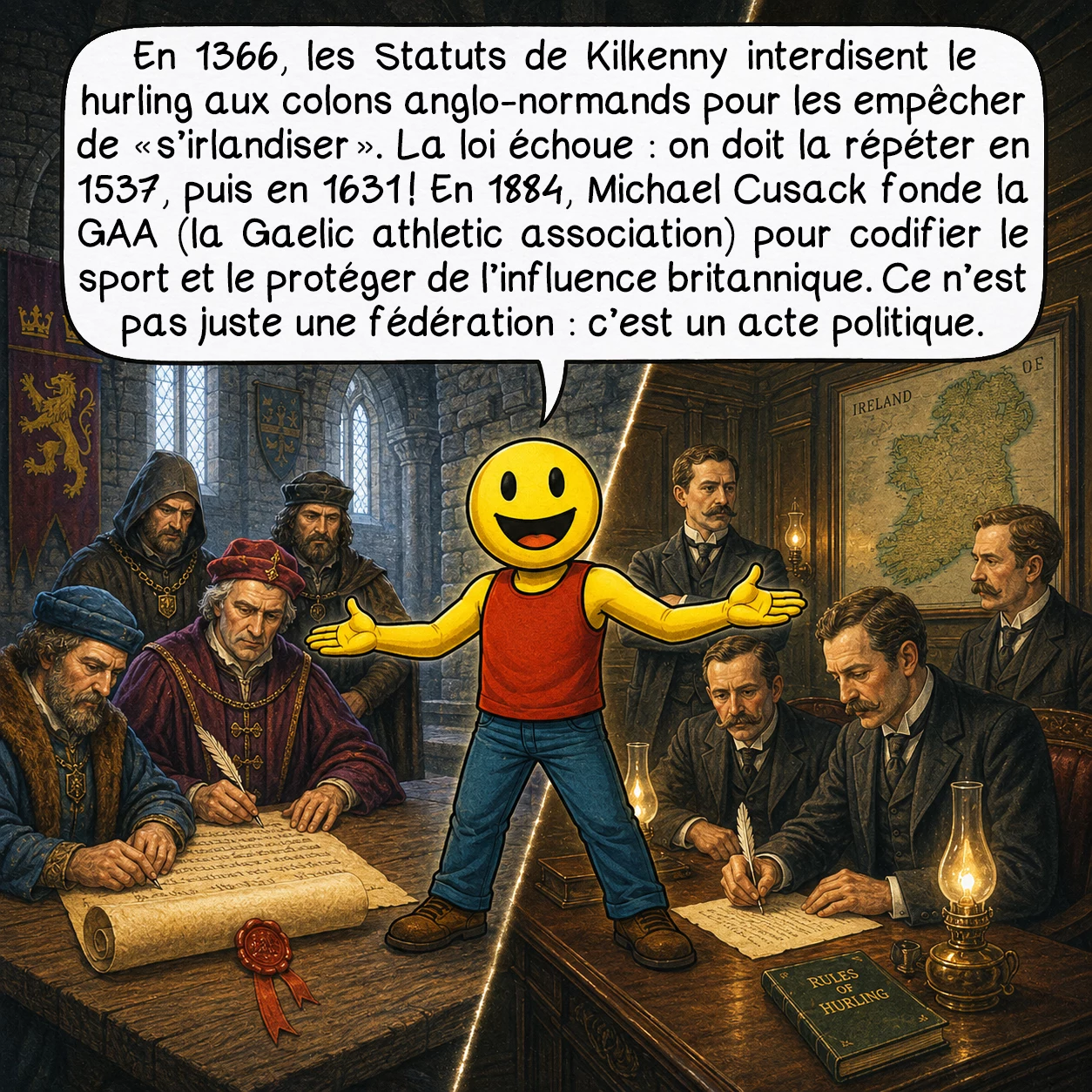 Le hurling, case 8 : En 1366, les Statuts de Kilkenny interdisent le hurling aux colons anglo-normands pour les empêcher de « s’irlandiser ». La loi échoue : on doit la répéter en 1537, puis en 1631 ! En 1884, Michael Cusack fonde la GAA — la Gaelic Athletic Association — pour codifier le sport et le protéger de l’influence britannique. Ce n’est pas juste une fédération : c’est un acte politique.
