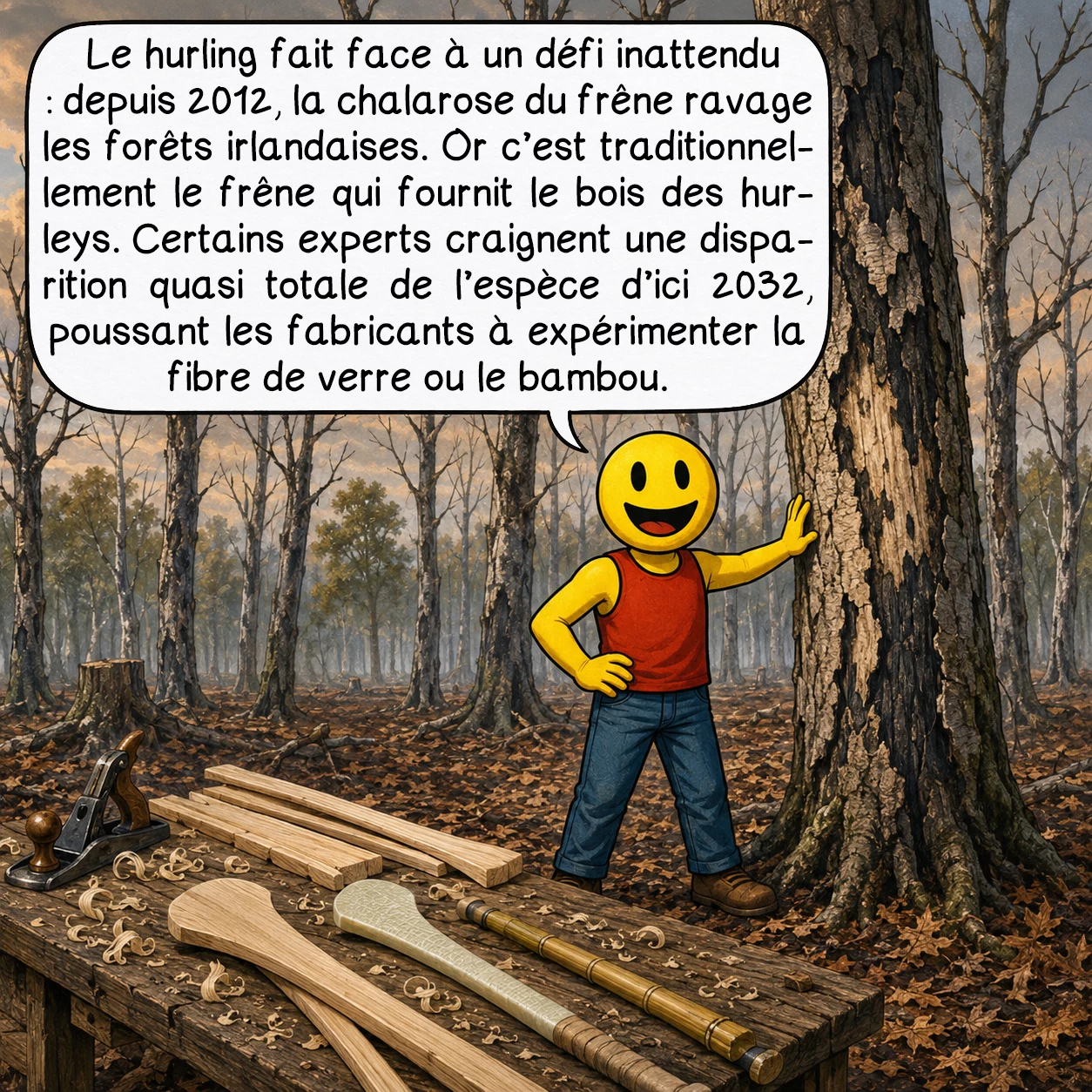 Le hurling, case 9 : Le hurling fait face à un défi inattendu : depuis 2012, la chalarose du frêne ravage les forêts irlandaises. Or c’est traditionnellement le frêne qui fournit le bois des hurleys ! Certains experts craignent une disparition quasi totale de l’espèce d’ici 2032, poussant les fabricants à expérimenter la fibre de verre ou le bambou.