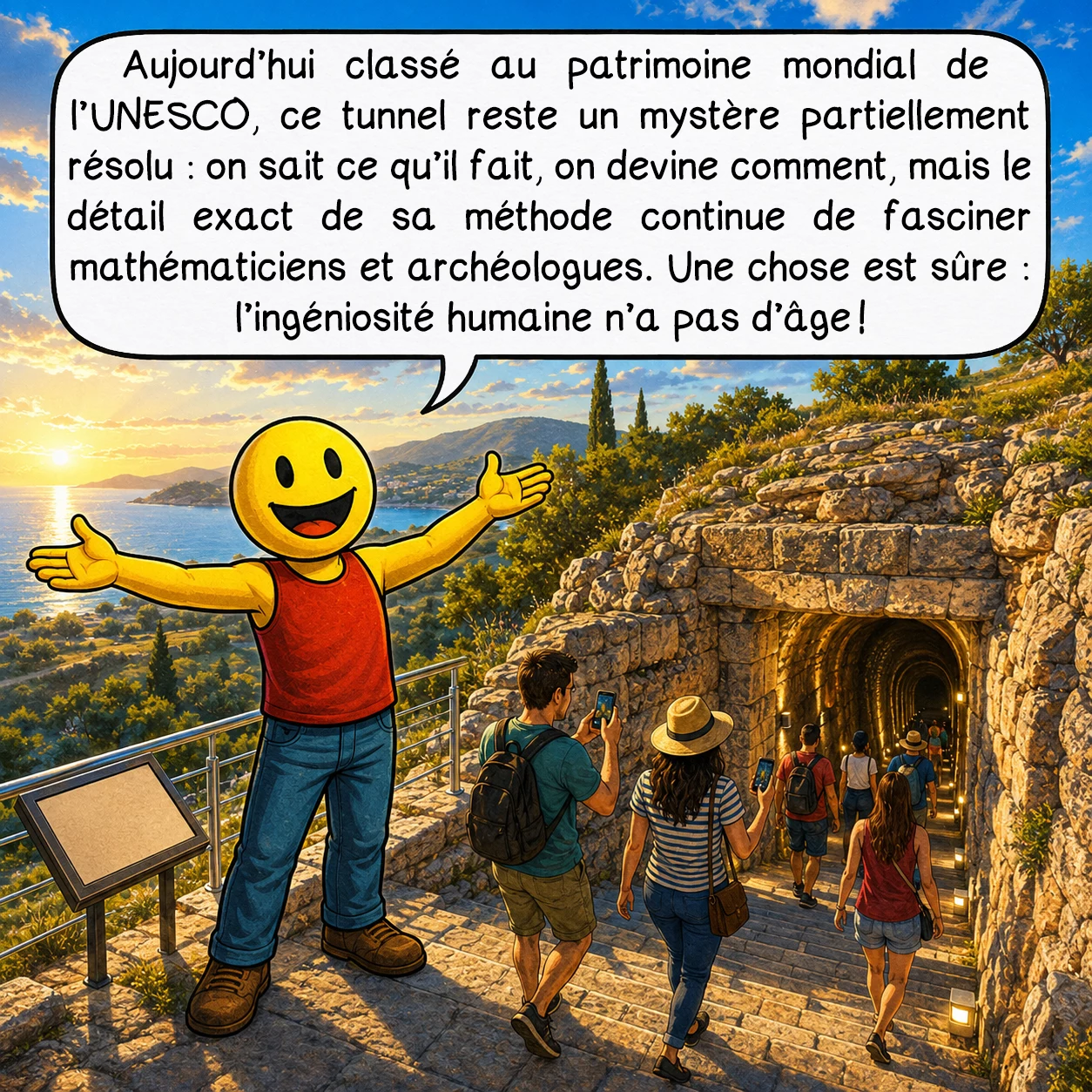 Le tunnel d’Eupalinos, case 10 : Aujourd’hui classé au patrimoine mondial de l’UNESCO, ce tunnel reste un mystère partiellement résolu : on sait ce qu’il fait, on devine comment, mais le détail exact de sa méthode continue de fasciner mathématiciens et archéologues. Une chose est sûre : l’ingéniosité humaine n’a pas d’âge !