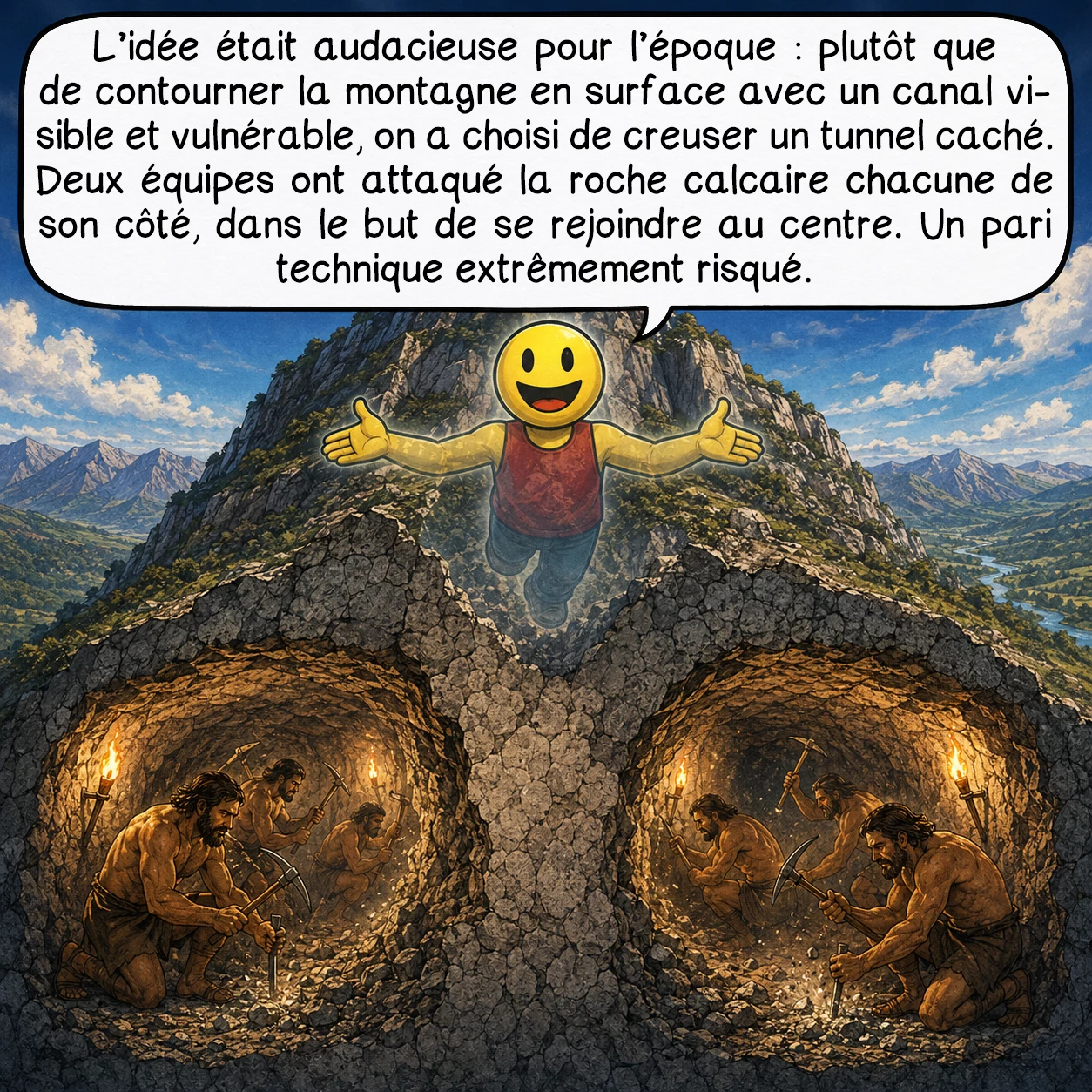 Le tunnel d’Eupalinos, case 2 : L’idée était audacieuse pour l’époque : plutôt que de contourner la montagne en surface avec un canal visible et vulnérable, on a choisi de creuser un tunnel caché. Deux équipes ont attaqué la roche calcaire chacune de son côté, dans le but de se rejoindre au centre. Un pari technique extrêmement risqué.