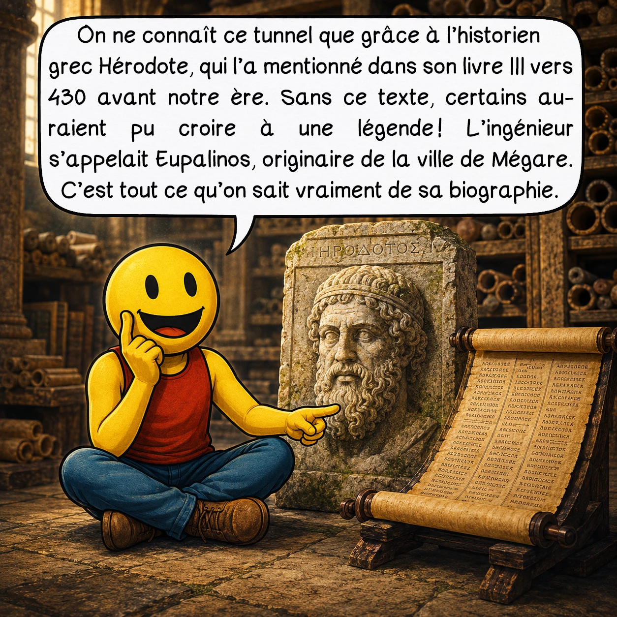 Le tunnel d’Eupalinos, case 3 : On ne connaît ce tunnel que grâce à l’historien grec Hérodote, qui l’a mentionné dans son livre III vers 430 avant notre ère. Sans ce texte, certains auraient pu croire à une légende ! L’ingénieur s’appelait Eupalinos, originaire de la ville de Mégare. C’est tout ce qu’on sait vraiment de sa biographie personnelle.