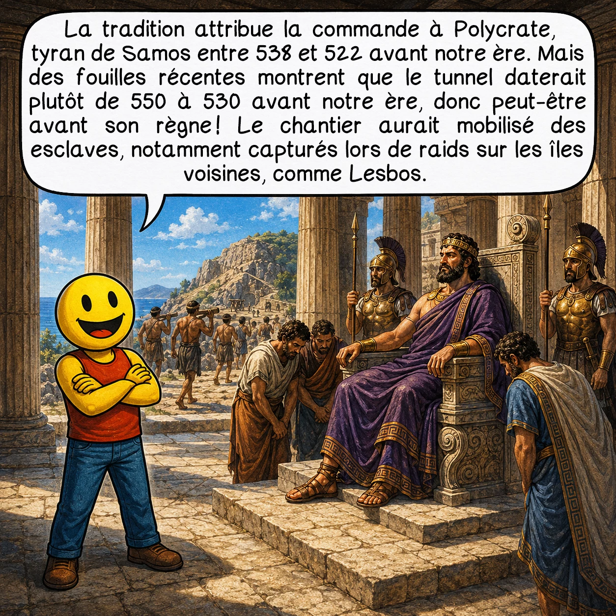 Le tunnel d’Eupalinos, case 4 : La tradition attribue la commande à Polycrate, tyran de Samos entre 538 et 522 avant notre ère. Mais des fouilles récentes montrent que le tunnel daterait plutôt de 550 à 530 avant notre ère, donc peut-être avant son règne ! Le chantier aurait mobilisé des esclaves, notamment capturés lors de raids sur les îles voisines, comme Lesbos.