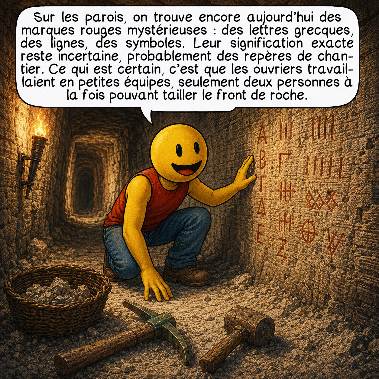 Le tunnel d’Eupalinos, case 5 : Sur les parois, on trouve encore aujourd’hui des marques rouges mystérieuses : des lettres grecques, des lignes, des symboles. Leur signification exacte reste incertaine, probablement des repères de chantier. Ce qui est certain, c’est que les ouvriers travaillaient en petites équipes, seulement deux personnes à la fois pouvant tailler le front de roche.