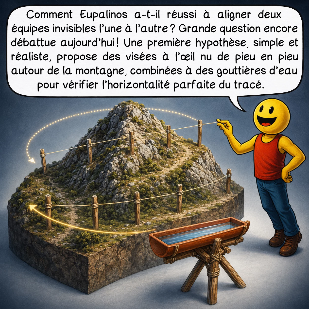 Le tunnel d’Eupalinos, case 6 : Comment Eupalinos a-t-il réussi à aligner deux équipes invisibles l’une à l’autre ? Grande question encore débattue aujourd’hui ! Une première hypothèse, simple et réaliste, propose des visées à l’œil nu de pieu en pieu autour de la montagne, combinées à des gouttières d’eau pour vérifier l’horizontalité parfaite du tracé.