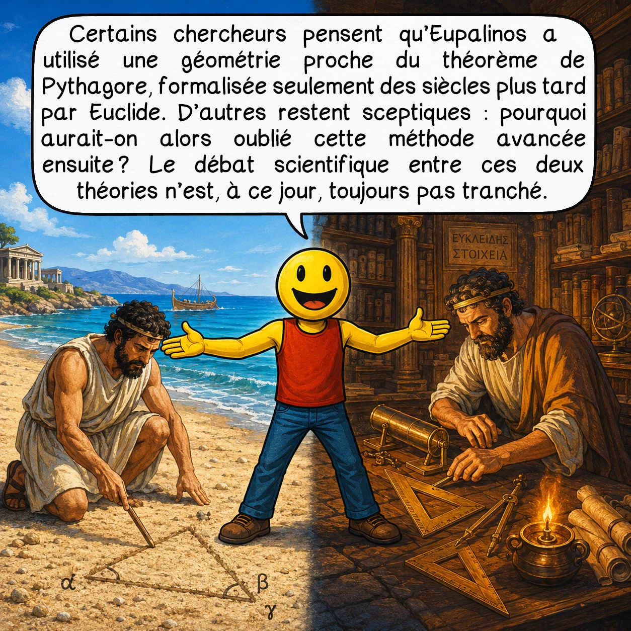 Le tunnel d’Eupalinos, case 7 : Certains chercheurs pensent qu’Eupalinos a utilisé une géométrie proche du théorème de Pythagore, formalisée seulement des siècles plus tard par Euclide. D’autres restent sceptiques : pourquoi aurait-on alors oublié cette méthode avancée ensuite ? Le débat scientifique entre ces deux théories n’est, à ce jour, toujours pas tranché.