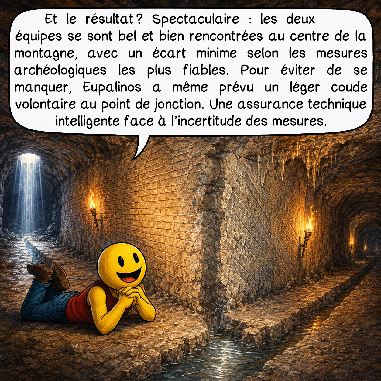 Le tunnel d’Eupalinos, case 8 : Et le résultat ? Spectaculaire : les deux équipes se sont bel et bien rencontrées au centre de la montagne, avec un écart minime selon les mesures archéologiques les plus fiables. Pour éviter de se manquer, Eupalinos a même prévu un léger coude volontaire au point de jonction. Une assurance technique intelligente face à l’incertitude des mesures.