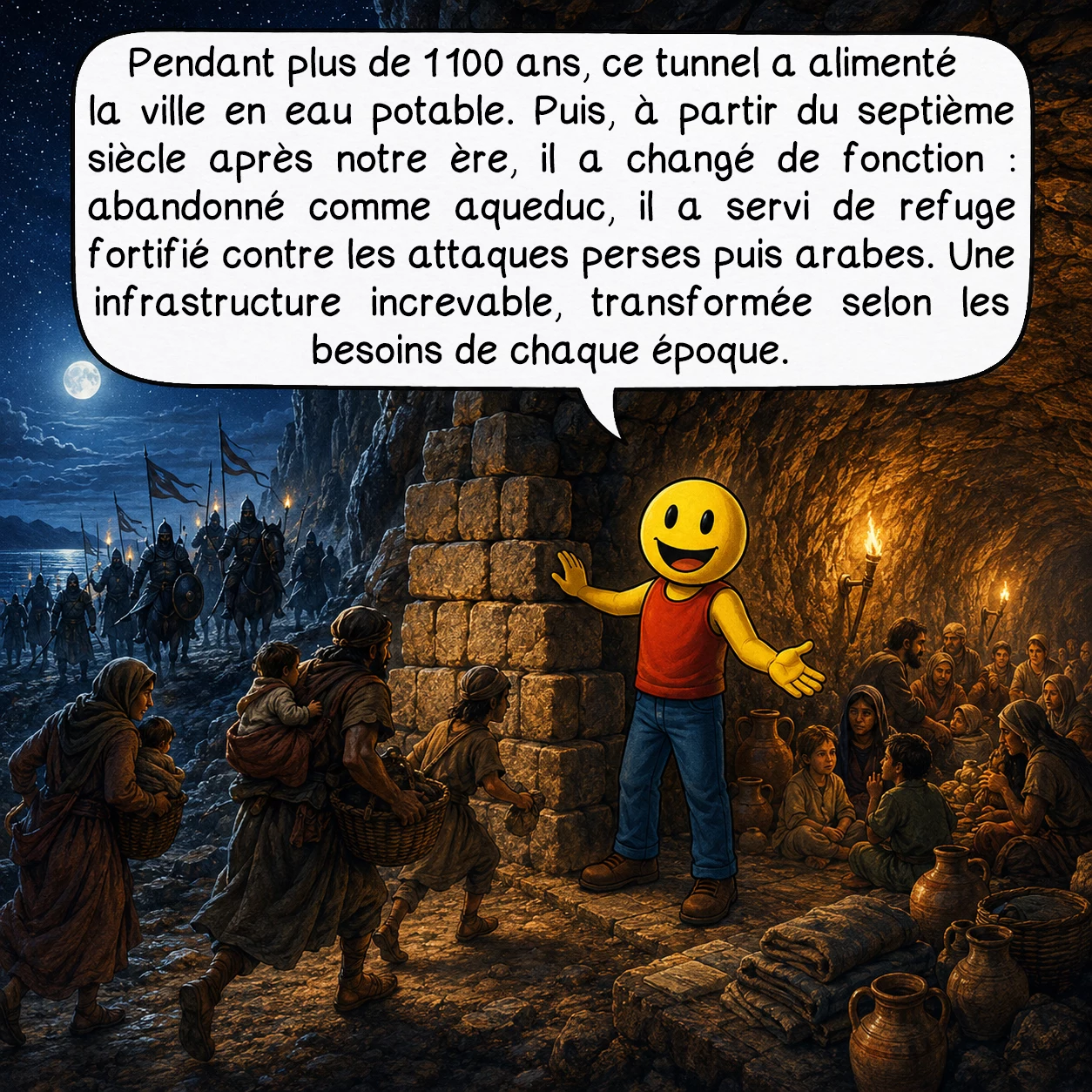Le tunnel d’Eupalinos, case 9 : Pendant plus de 1 100 ans, ce tunnel a alimenté la ville en eau potable. Puis, à partir du septième siècle après notre ère, il a changé de fonction : abandonné comme aqueduc, il a servi de refuge fortifié contre les attaques perses puis arabes. Une infrastructure increvable, transformée selon les besoins de chaque époque.