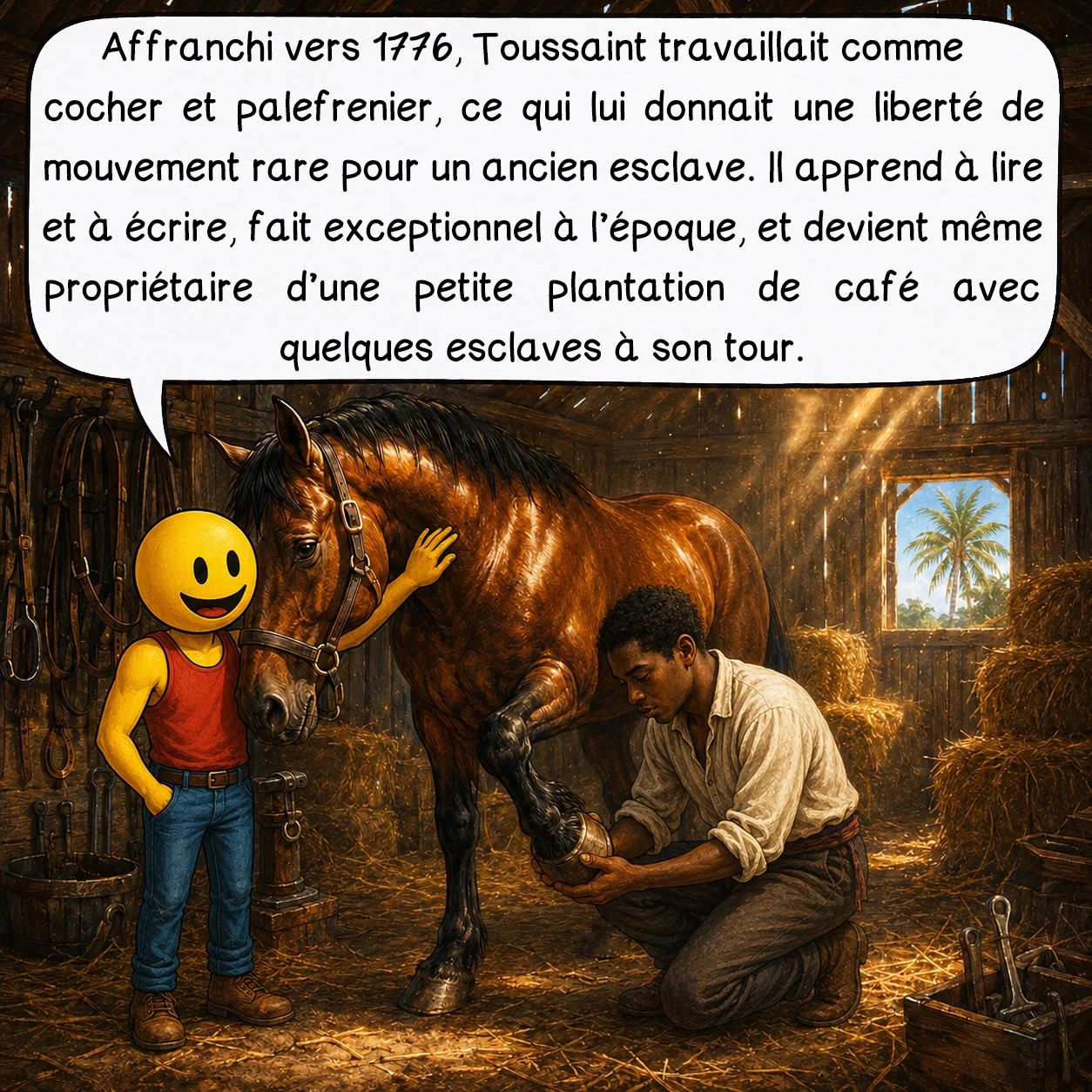Toussaint Louverture, case 2 : Affranchi vers 1776, Toussaint travaillait comme cocher et palefrenier, ce qui lui donnait une liberté de mouvement rare pour un ancien esclave. Il apprend à lire et à écrire, fait exceptionnel à l’époque, et devient même propriétaire d’une petite plantation de café avec quelques esclaves à son tour.
