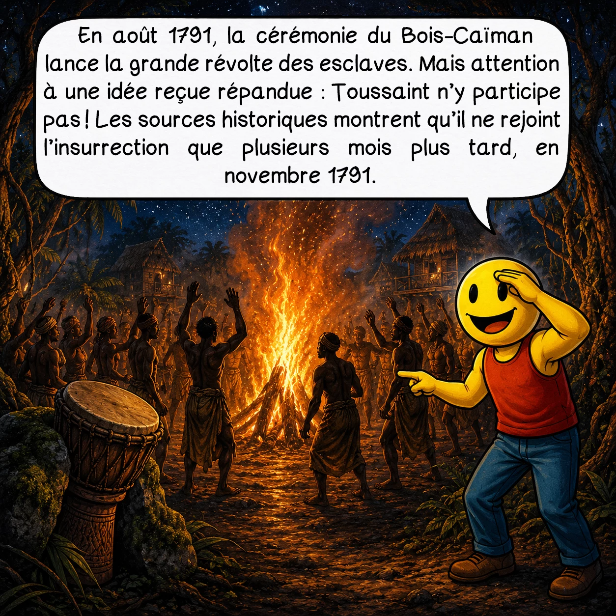 Toussaint Louverture, case 3 : En août 1791, la cérémonie du Bois-Caïman lance la grande révolte des esclaves. Mais attention à une idée reçue répandue : Toussaint n’y participe pas ! Les sources historiques montrent qu’il ne rejoint l’insurrection que plusieurs mois plus tard, en novembre 1791.