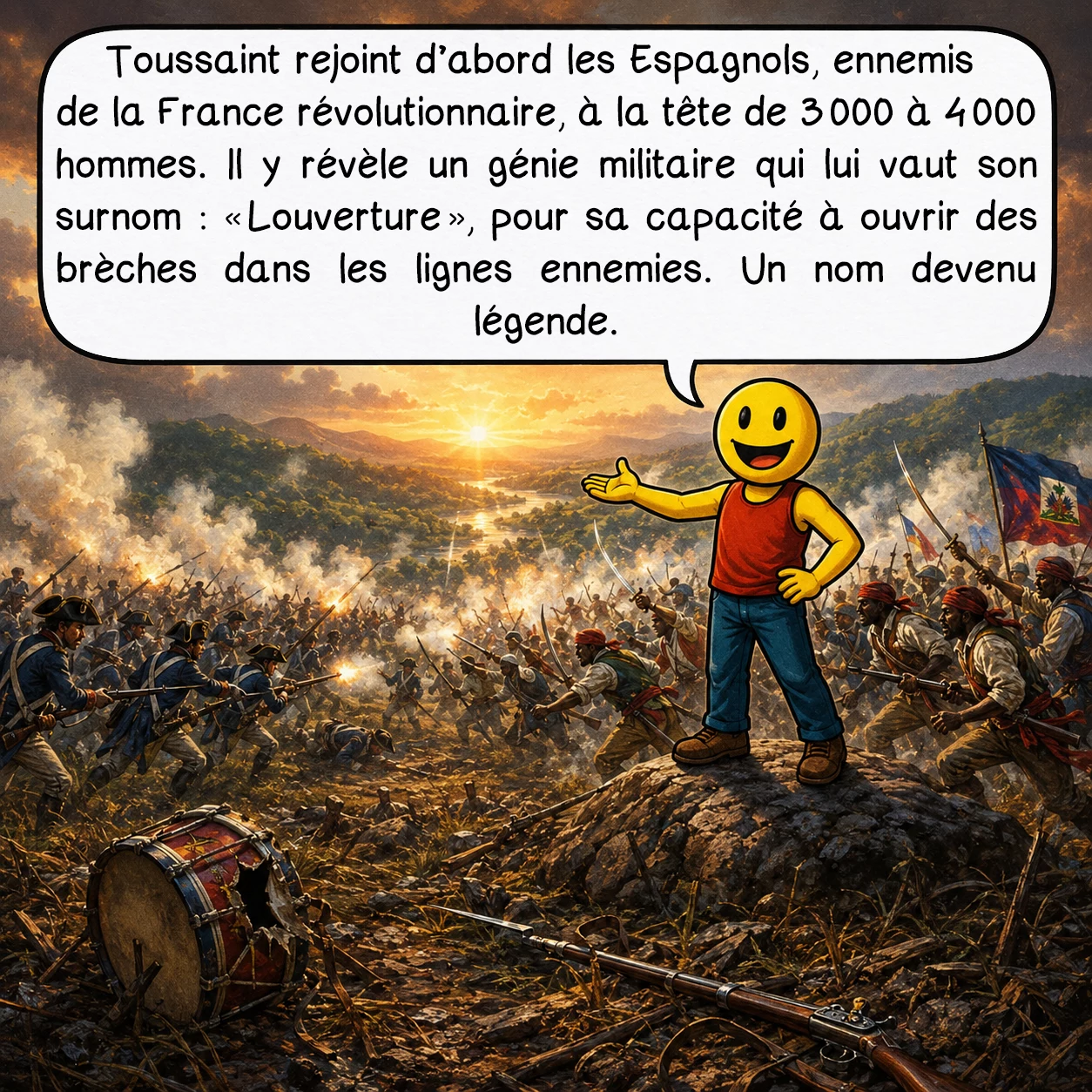Toussaint Louverture, case 4 : Toussaint rejoint d’abord les Espagnols, ennemis de la France révolutionnaire, à la tête de 3 000 à 4 000 hommes. Il y révèle un génie militaire qui lui vaut son surnom : « Louverture », pour sa capacité à ouvrir des brèches dans les lignes ennemies. Un nom devenu légende.