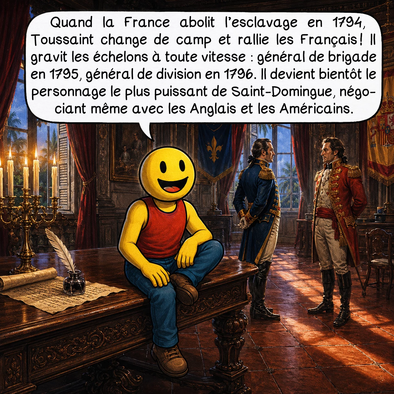 Toussaint Louverture, case 5 : Quand la France abolit l’esclavage en 1794, Toussaint change de camp et rallie les Français ! Il gravit les échelons à toute vitesse : général de brigade en 1795, général de division en 1796. Il devient bientôt le personnage le plus puissant de Saint-Domingue, négociant même avec les Anglais et les Américains.