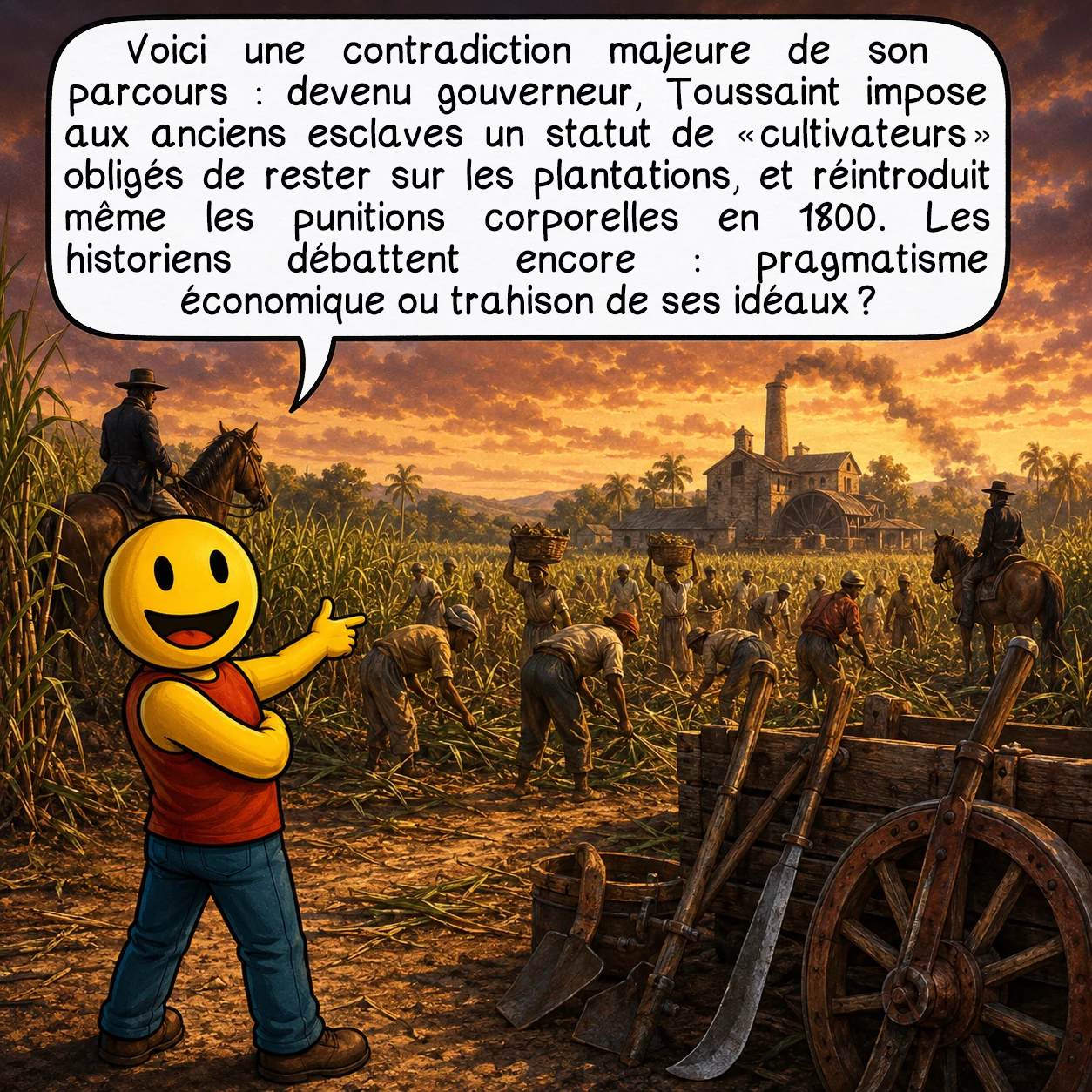 Toussaint Louverture, case 6 : Voici une contradiction majeure de son parcours : devenu gouverneur, Toussaint impose aux anciens esclaves un statut de « cultivateurs » obligés de rester sur les plantations, et réintroduit même les punitions corporelles en 1800. Les historiens débattent encore : pragmatisme économique ou trahison de ses idéaux ?