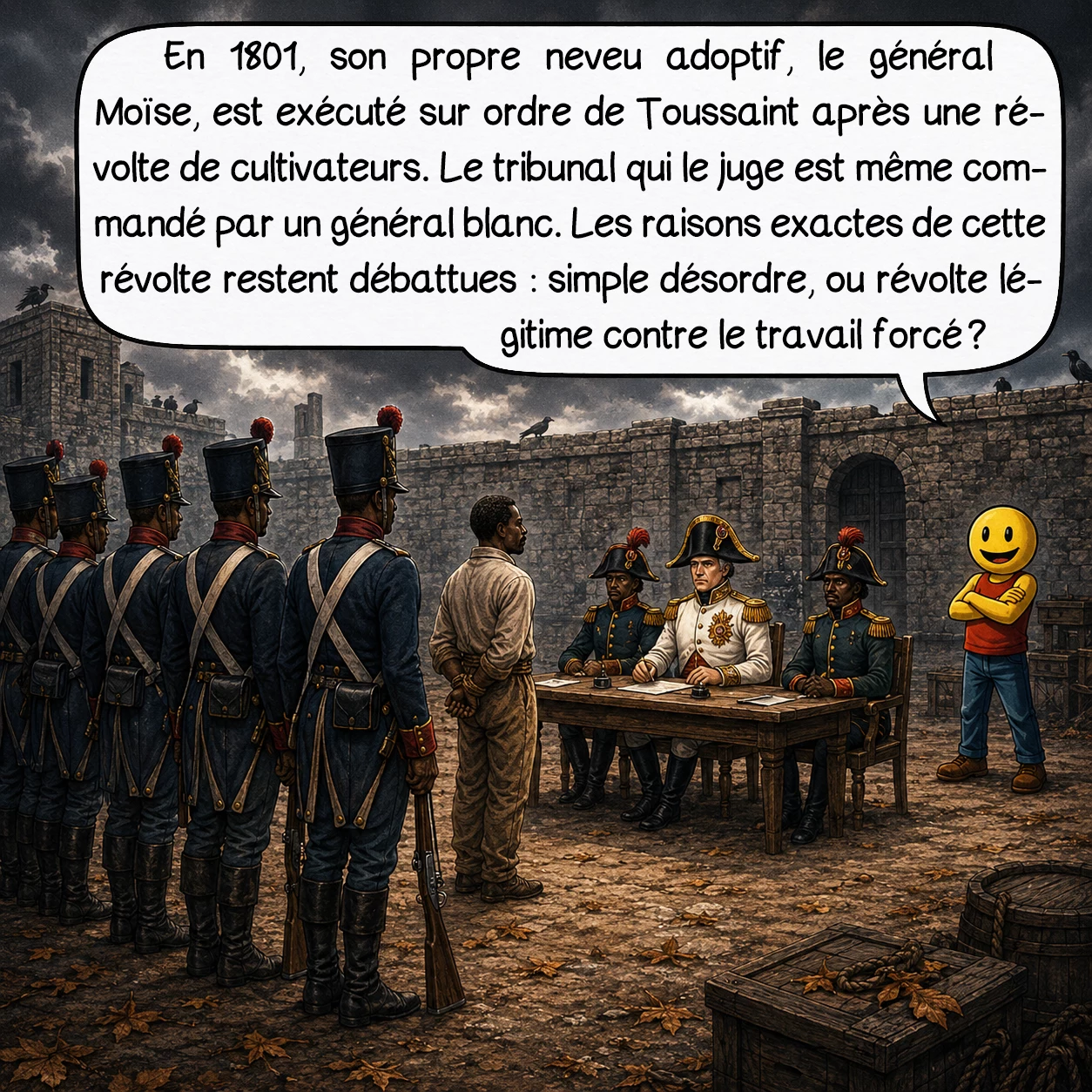 Toussaint Louverture, case 7 : En 1801, son propre neveu adoptif, le général Moïse, est exécuté sur ordre de Toussaint après une révolte de cultivateurs. Le tribunal qui le juge est même commandé par un général blanc. Les raisons exactes de cette révolte restent débattues : simple désordre, ou révolte légitime contre le travail forcé ?