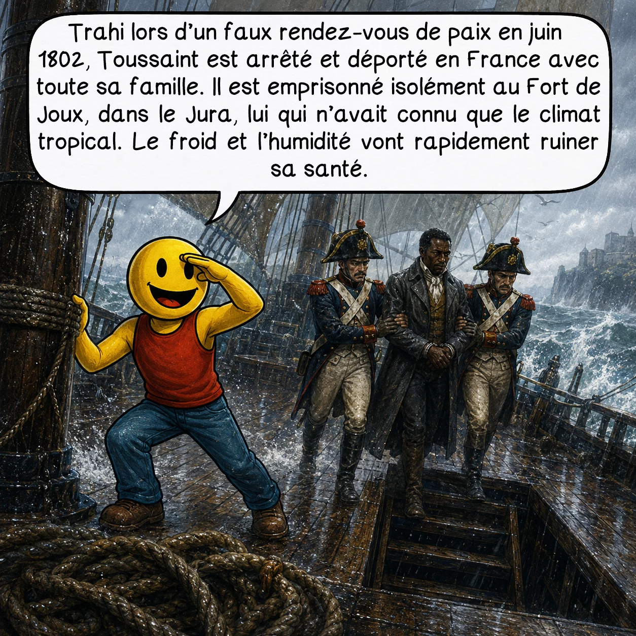 Toussaint Louverture, case 8 : Trahi lors d’un faux rendez-vous de paix en juin 1802, Toussaint est arrêté et déporté en France avec toute sa famille. Il est emprisonné isolément au Fort de Joux, dans le Jura, lui qui n’avait connu que le climat tropical. Le froid et l’humidité vont rapidement ruiner sa santé.