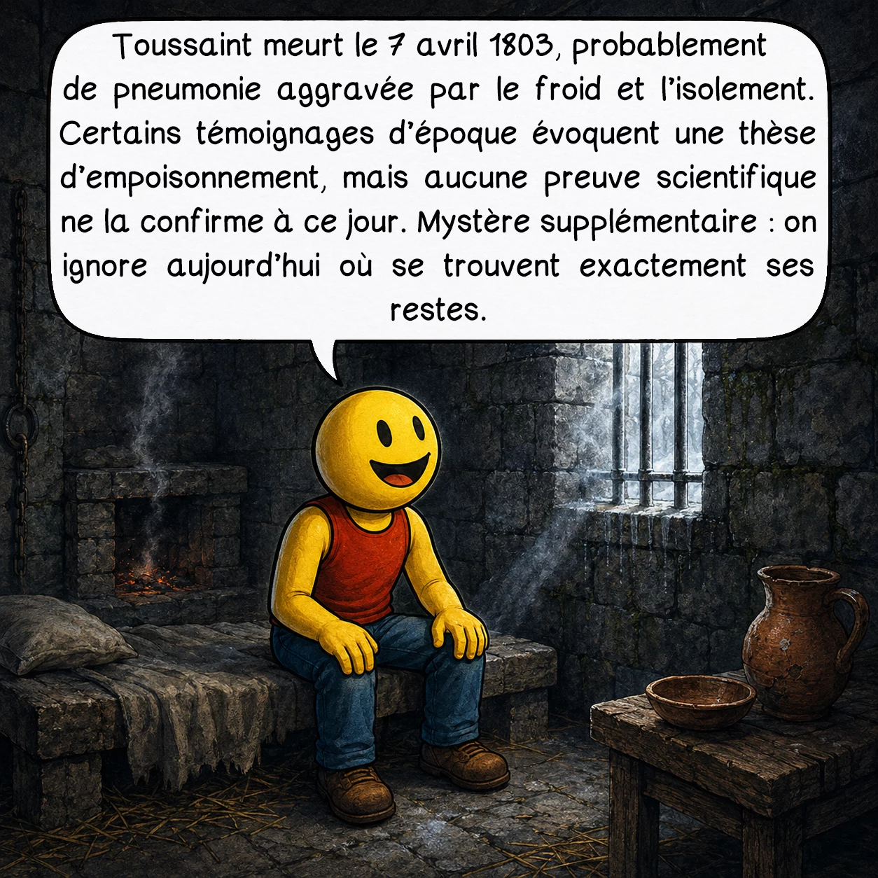 Toussaint Louverture, case 9 : Toussaint meurt le 7 avril 1803, probablement de pneumonie aggravée par le froid et l’isolement. Certains témoignages d’époque évoquent une thèse d’empoisonnement, mais aucune preuve scientifique ne la confirme à ce jour. Mystère supplémentaire : on ignore aujourd’hui où se trouvent exactement ses restes.