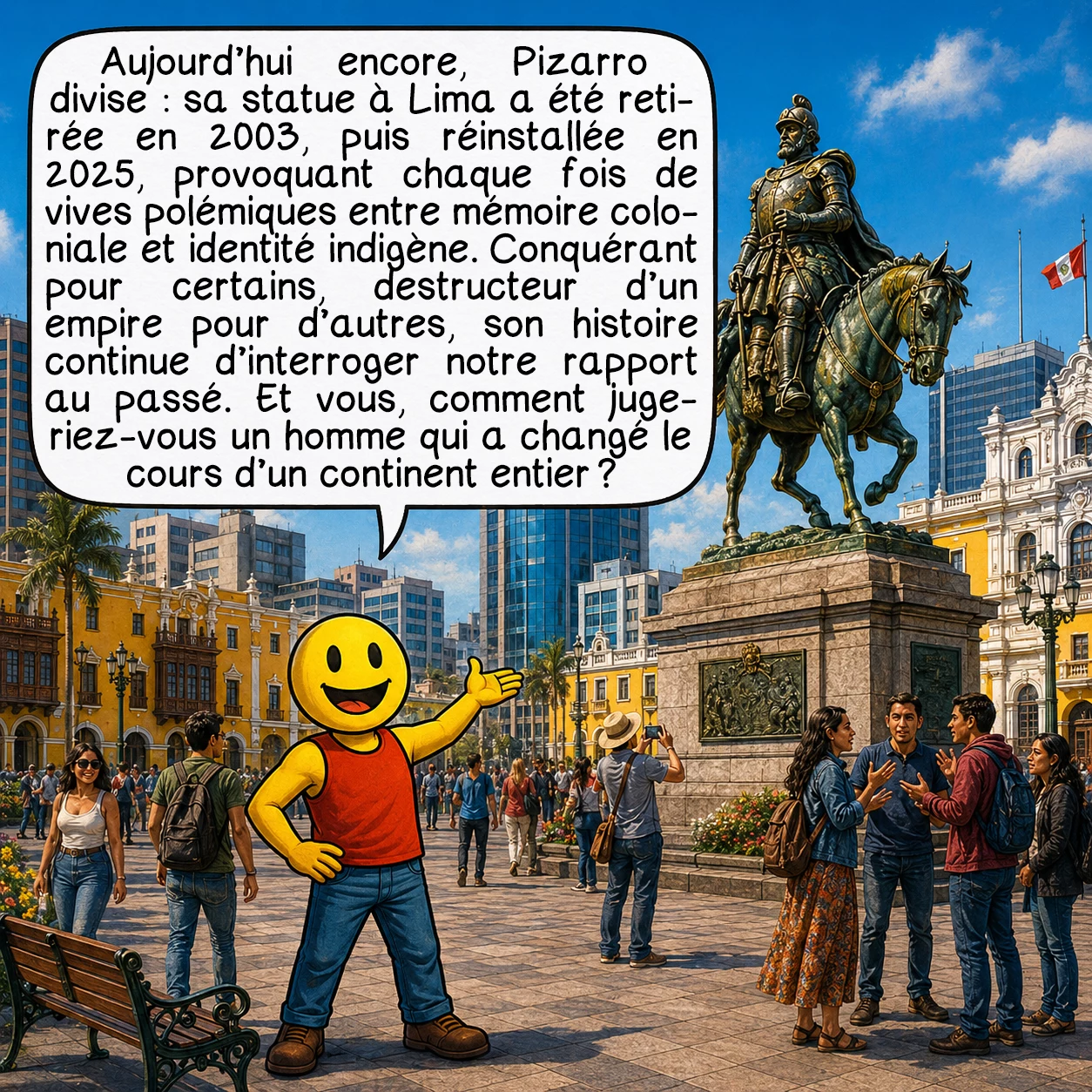 Francisco Pizarro, case 10 : Aujourd’hui encore, Pizarro divise : sa statue à Lima a été retirée en 2003, puis réinstallée en 2025, provoquant chaque fois de vives polémiques entre mémoire coloniale et identité indigène. Conquérant pour certains, destructeur d’un empire pour d’autres, son histoire continue d’interroger notre rapport au passé. Et vous, comment jugeriez-vous un homme qui a changé le cours d’un continent entier ?