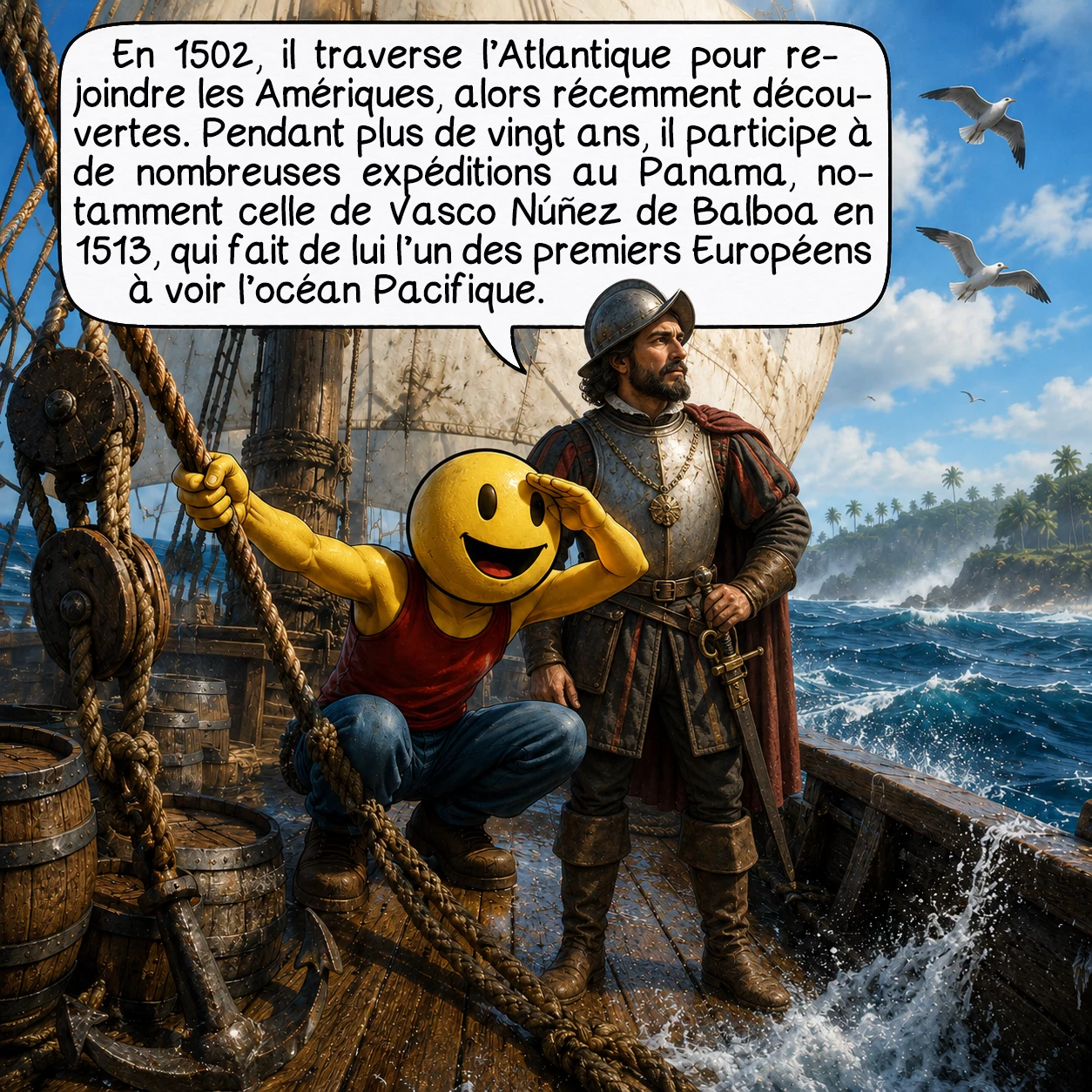 Francisco Pizarro, case 2 : En 1502, il traverse l’Atlantique pour rejoindre les Amériques, alors récemment découvertes. Pendant plus de vingt ans, il participe à de nombreuses expéditions au Panama, notamment celle de Vasco Núñez de Balboa en 1513, qui fait de lui l’un des premiers Européens à voir l’océan Pacifique.