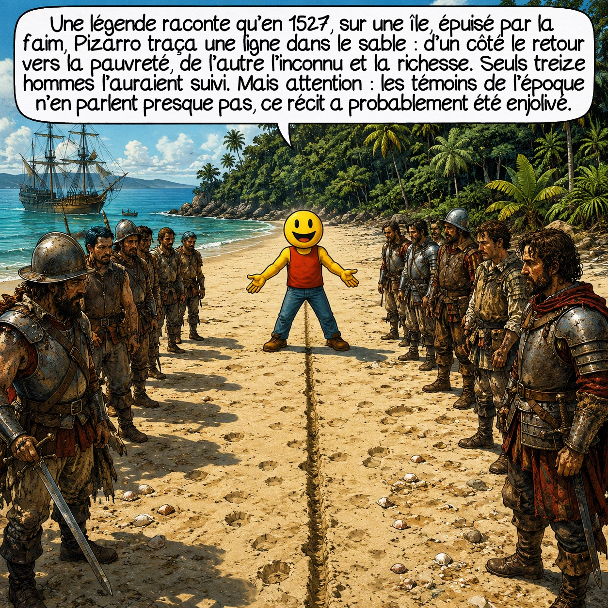 Francisco Pizarro, case 3 : Une légende célèbre raconte qu’en 1527, sur une île, épuisé par la faim, Pizarro traça une ligne dans le sable : d’un côté le retour vers la pauvreté, de l’autre l’inconnu et la richesse. Seuls treize hommes l’auraient suivie. Mais attention : les témoins de l’époque n’en parlent presque pas, ce récit a probablement été enjolivé après coup.